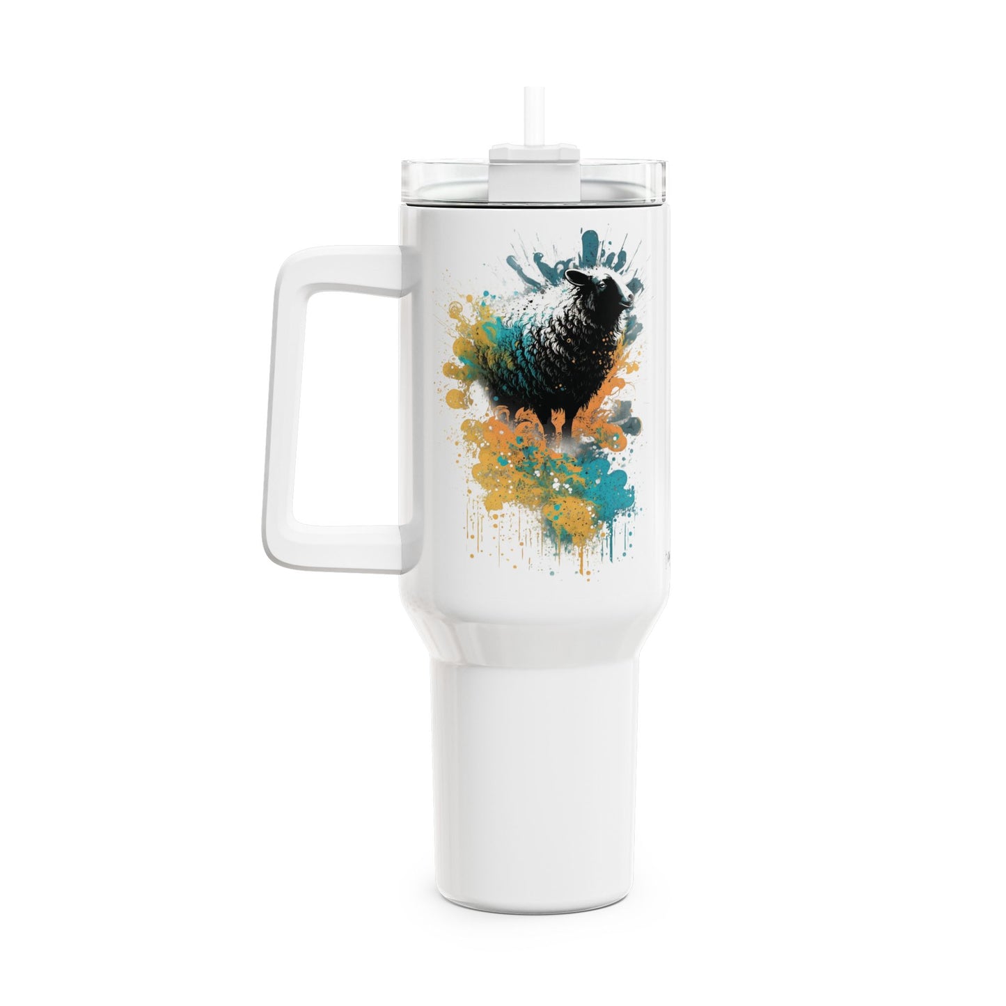 Tumbler-Becher, Edelstahl, Thermobecher, 1182 ml in weiß, Motiv: Schaf-Splash