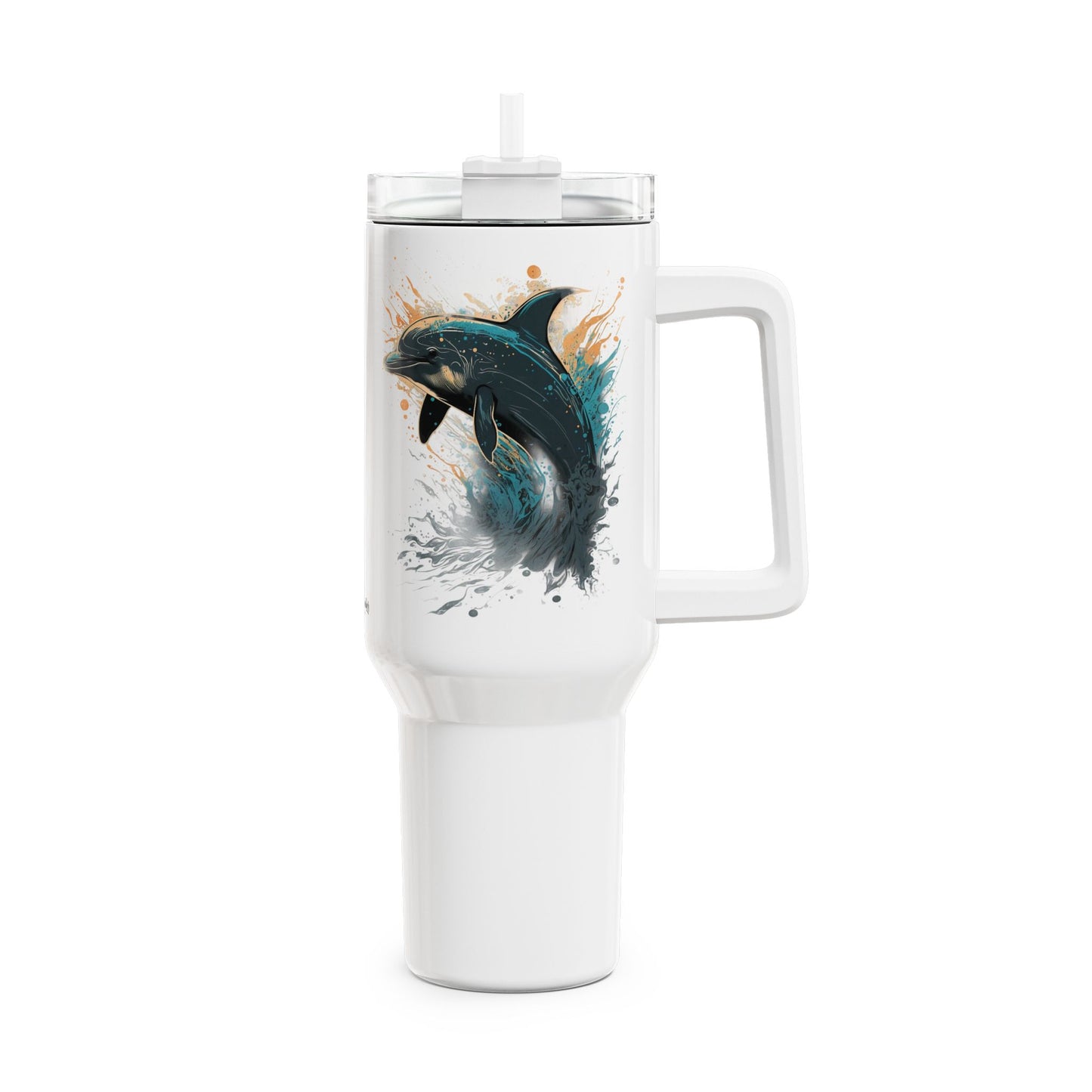 Tumbler-Becher, Edelstahl, Thermobecher, 1182 ml in weiß, Motiv: Delfin-Splash
