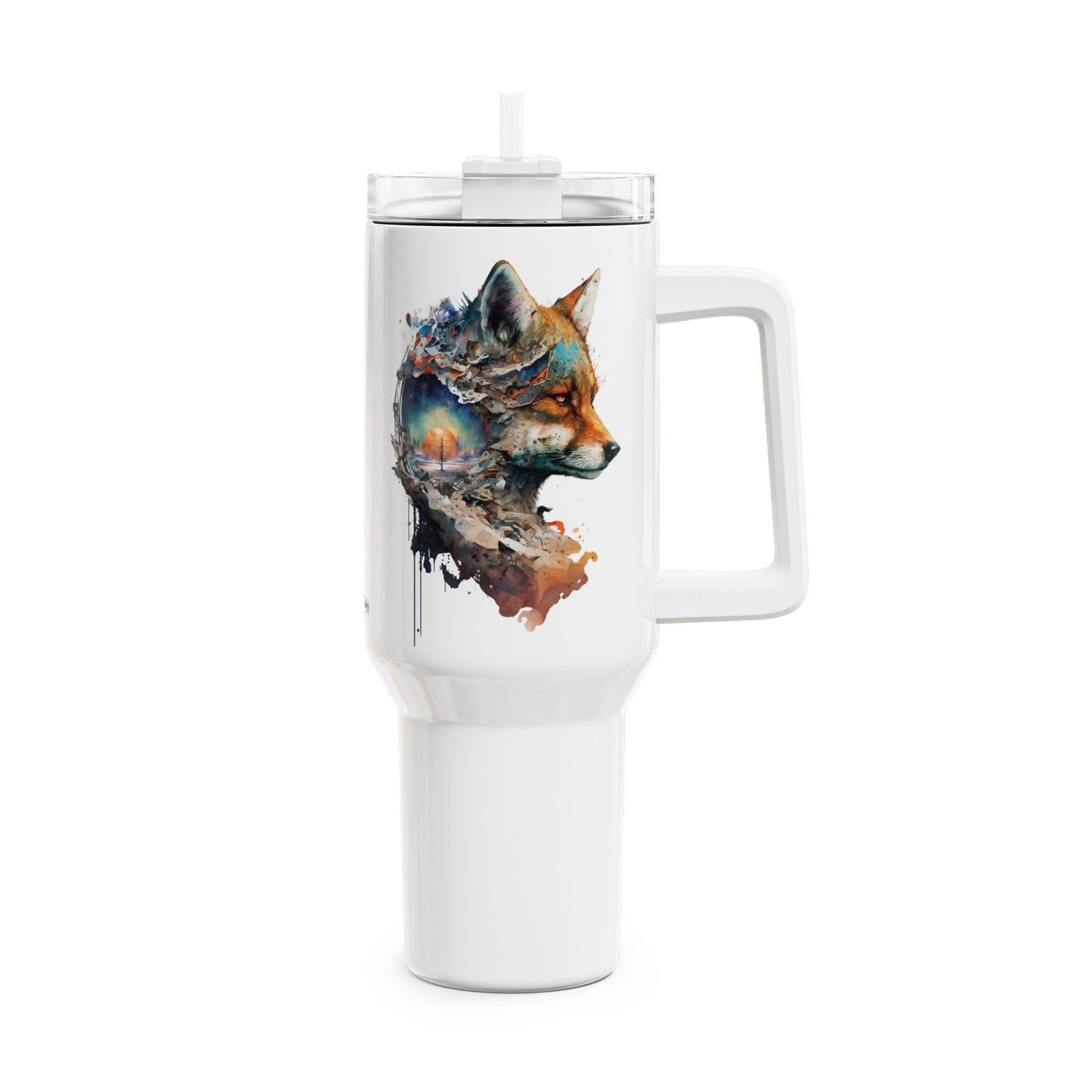 Tumbler-Becher, Edelstahl, Thermobecher, 1182 ml in weiß, Motiv: Fuchs-Watercolor