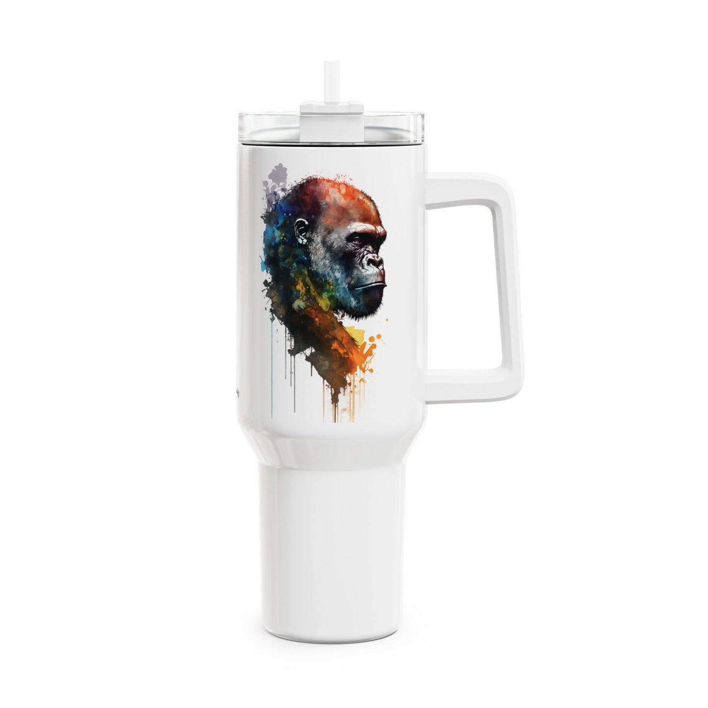 Tumbler-Becher, Edelstahl, Thermobecher, 1182 ml in weiß, Motiv: Gorilla-Watercolor