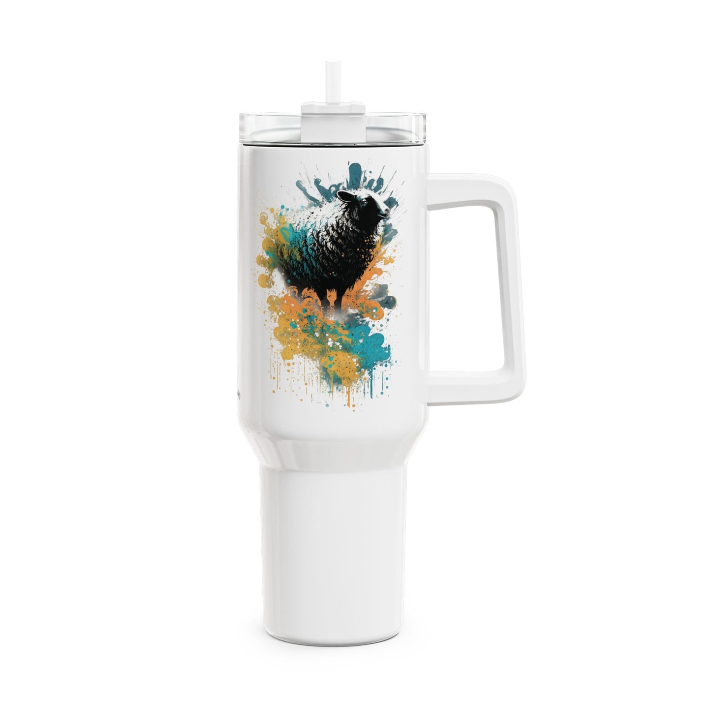 Tumbler-Becher, Edelstahl, Thermobecher, 1182 ml in weiß, Motiv: Schaf-Splash