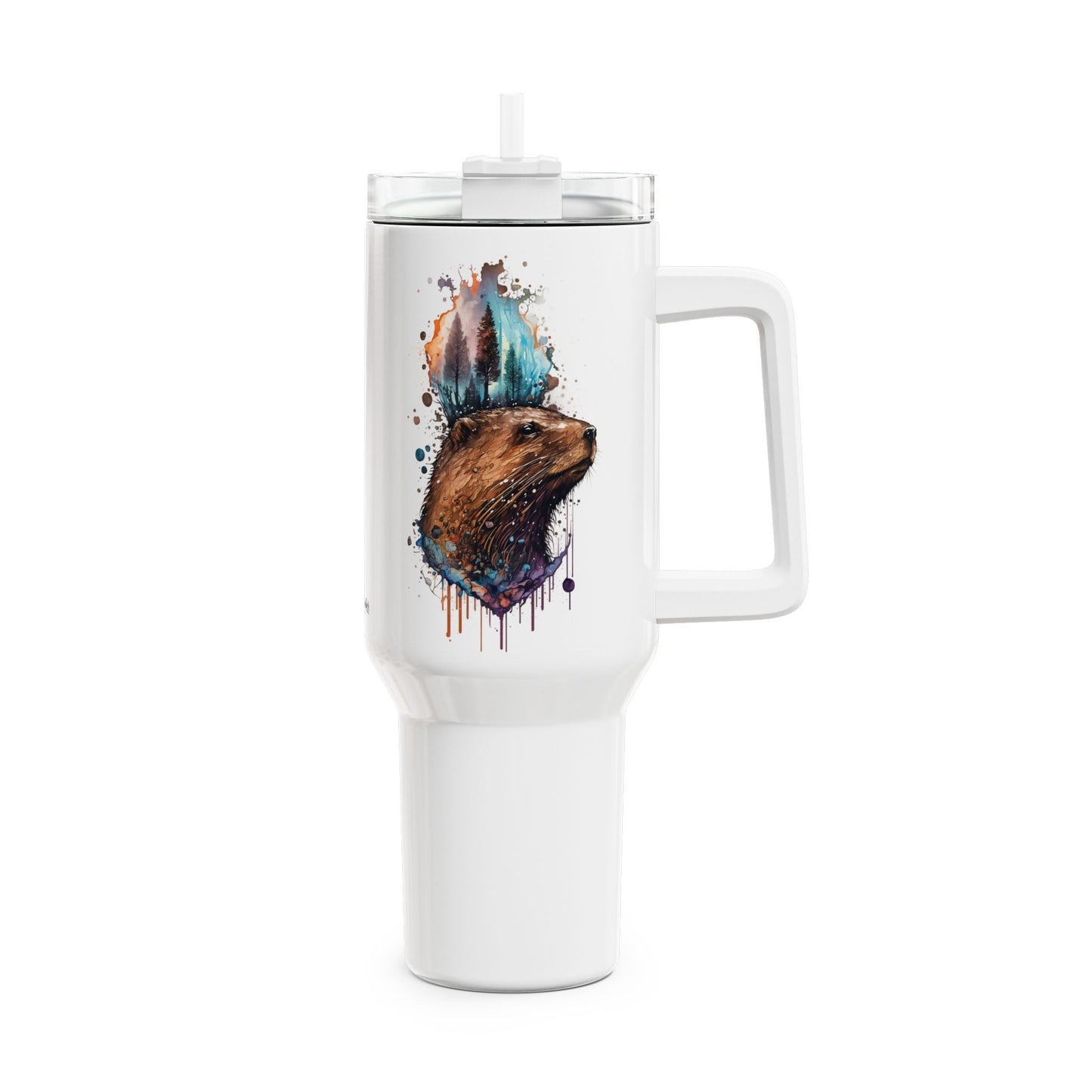 Tumbler-Becher, Edelstahl, Thermobecher, 1182 ml in weiß, Motiv: Bieber-Watercolor