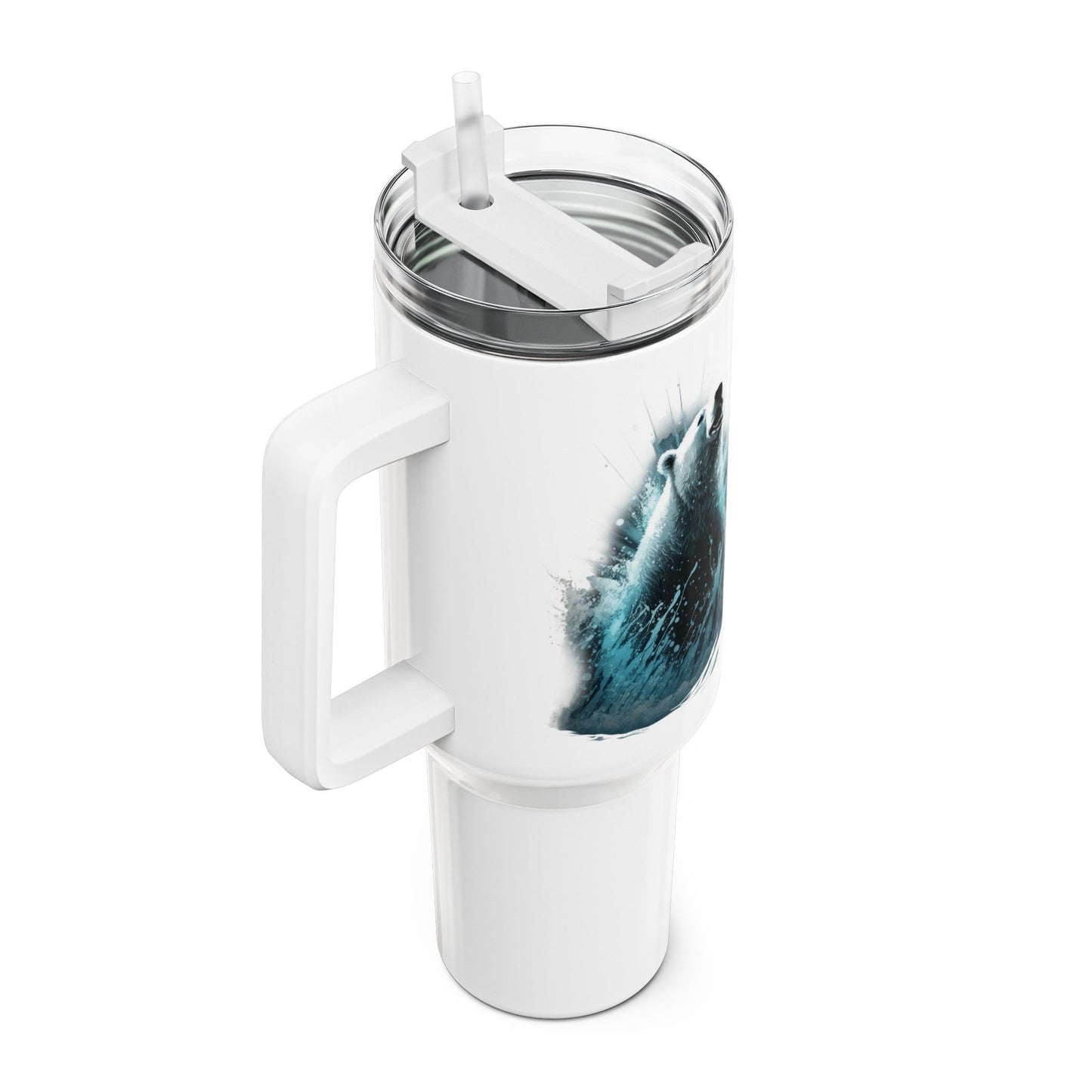 Tumbler-Becher, Edelstahl, Thermobecher, 1182 ml in weiß, Motiv: Eisbär-Splash