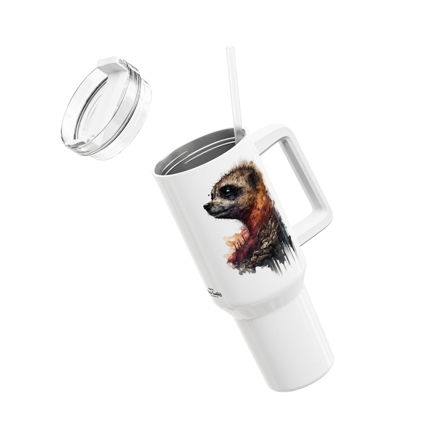 Tumbler-Becher, Edelstahl, Thermobecher, 1182 ml in weiß, Motiv: Erdmännchen-Watercolor