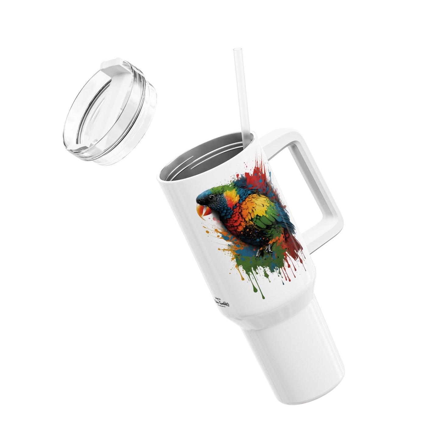Tumbler-Becher, Edelstahl, Thermobecher, 1182 ml in weiß, Motiv: Regenbogenvogel-Splash