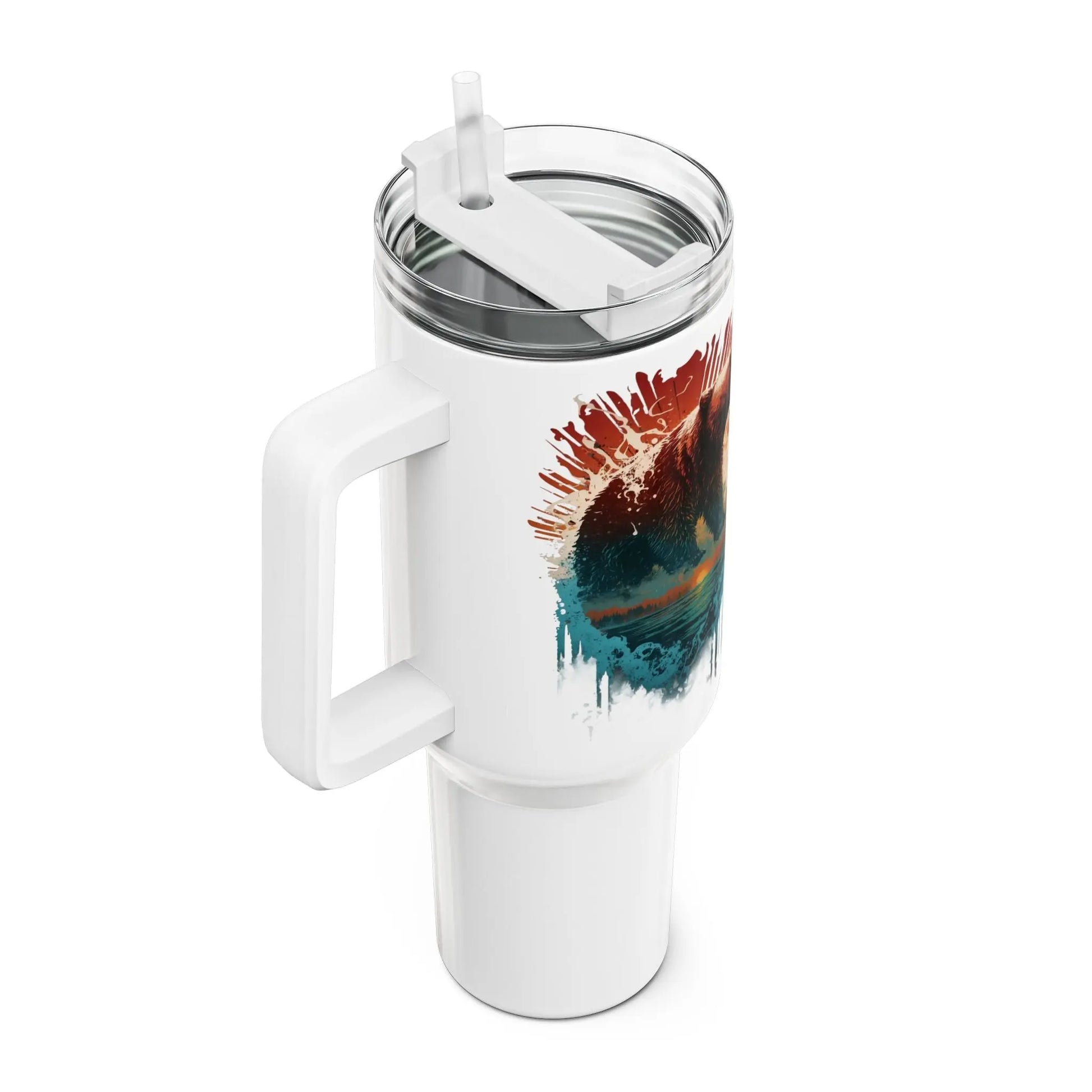 Tumbler-Becher, Edelstahl, Thermobecher, 1182 ml in weiß, Motiv: Bär-Splash Printify