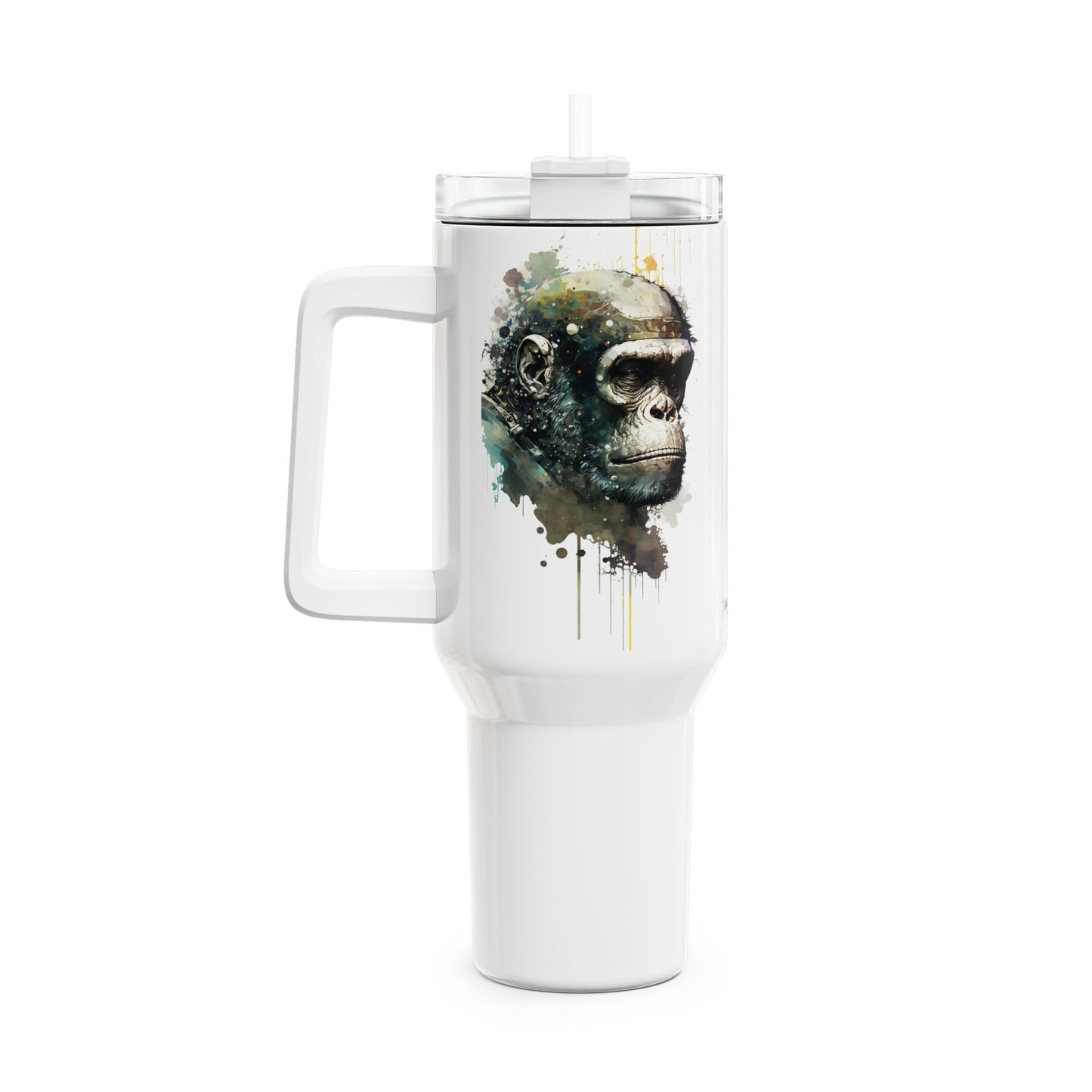 Tumbler-Becher, Edelstahl, Thermobecher, 1182 ml in weiß, Motiv: Schimpanse-Watercolor