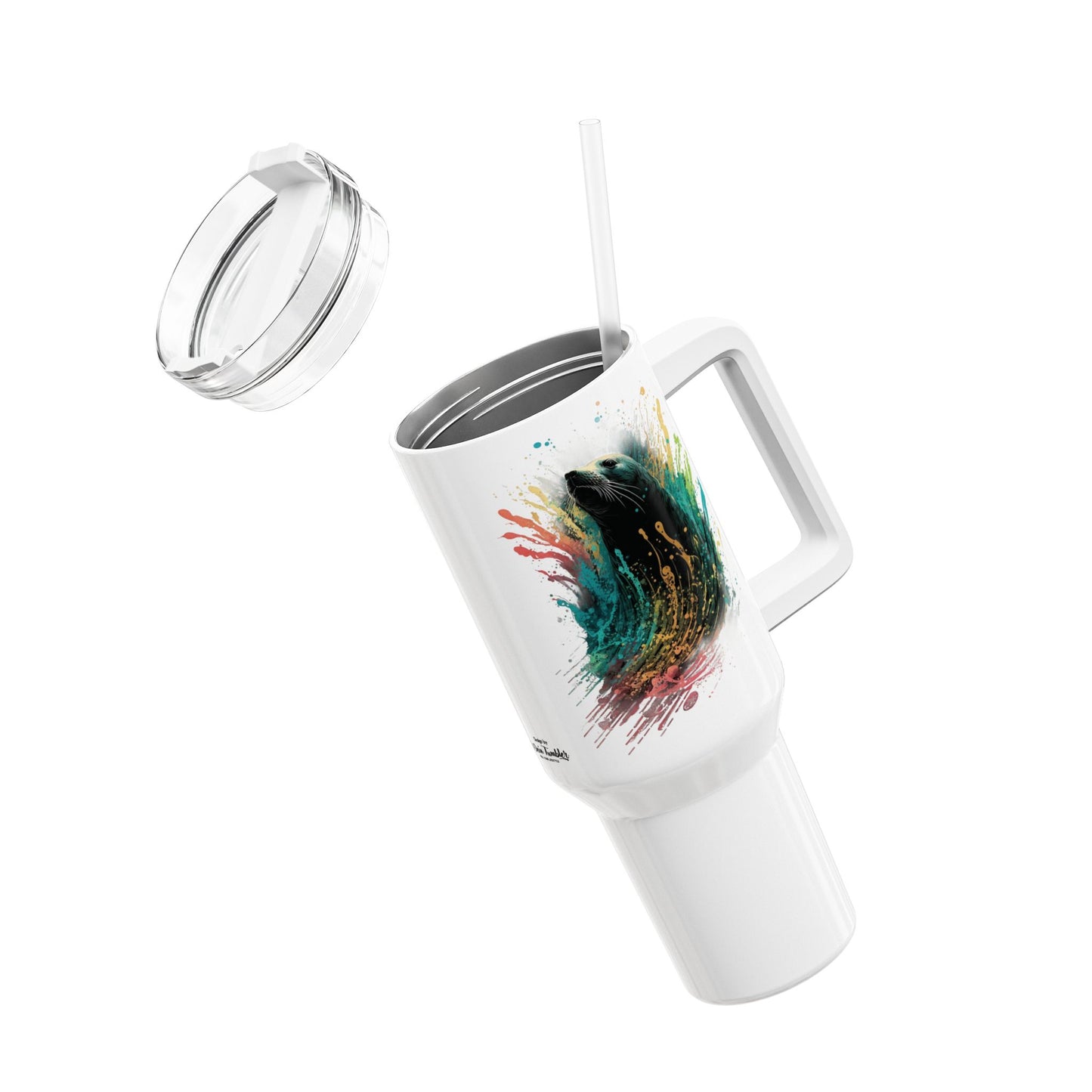 Tumbler-Becher, Edelstahl, Thermobecher, 1182 ml in weiß, Motiv: Seehund-Splash