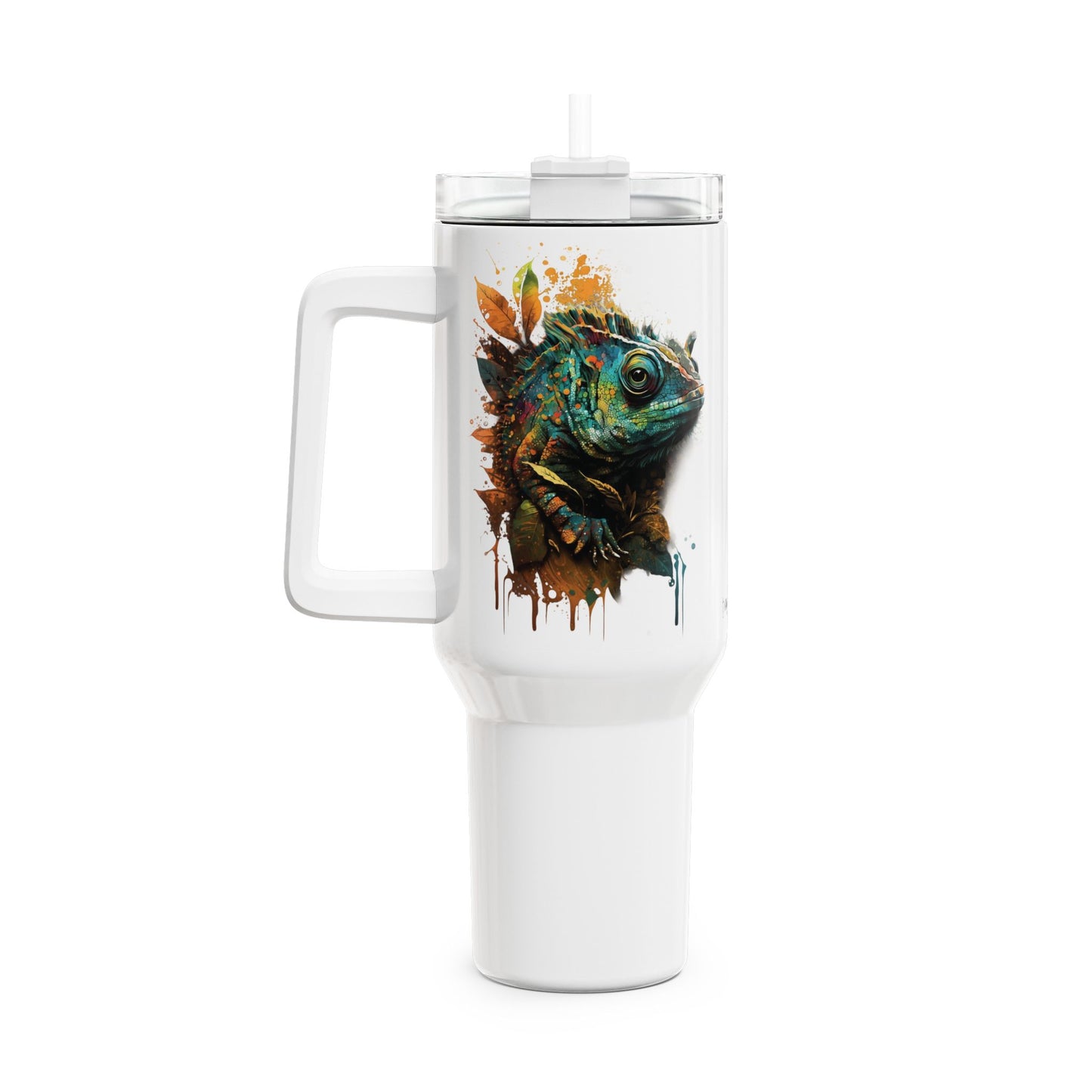 Tumbler-Becher, Edelstahl, Thermobecher, 1182 ml in weiß, Motiv: Chamäleon-Splash