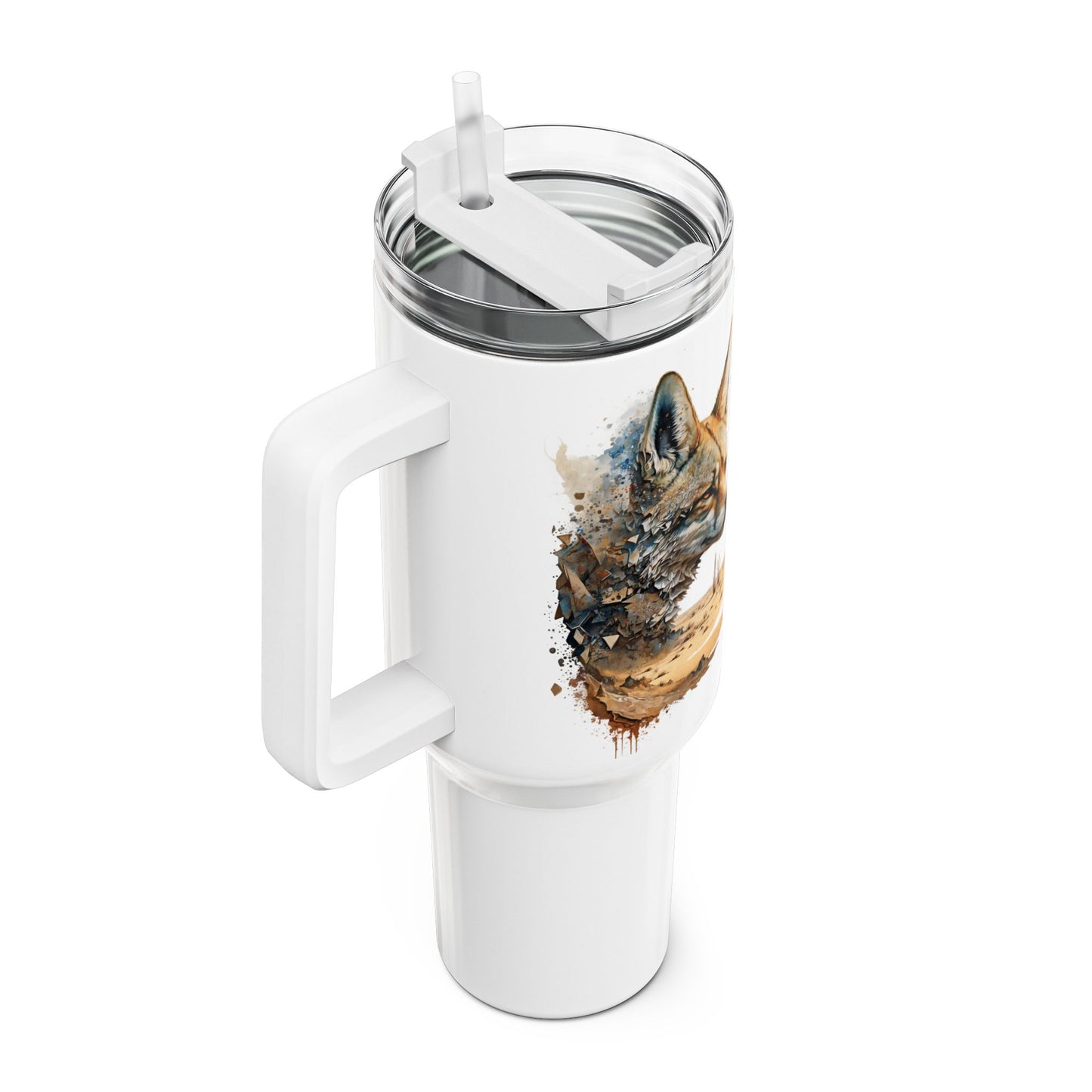 Tumbler-Becher, Edelstahl, Thermobecher, 1182 ml in weiß, Motiv: Wüstenfuchs-Watercolor