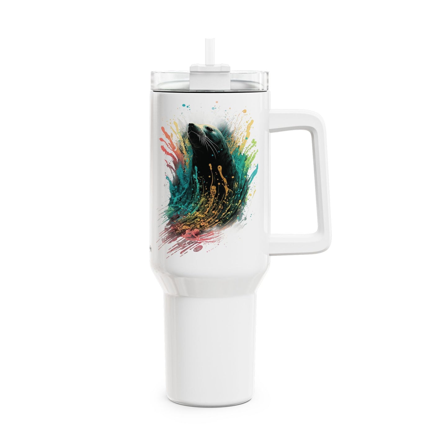Tumbler-Becher, Edelstahl, Thermobecher, 1182 ml in weiß, Motiv: Seehund-Splash