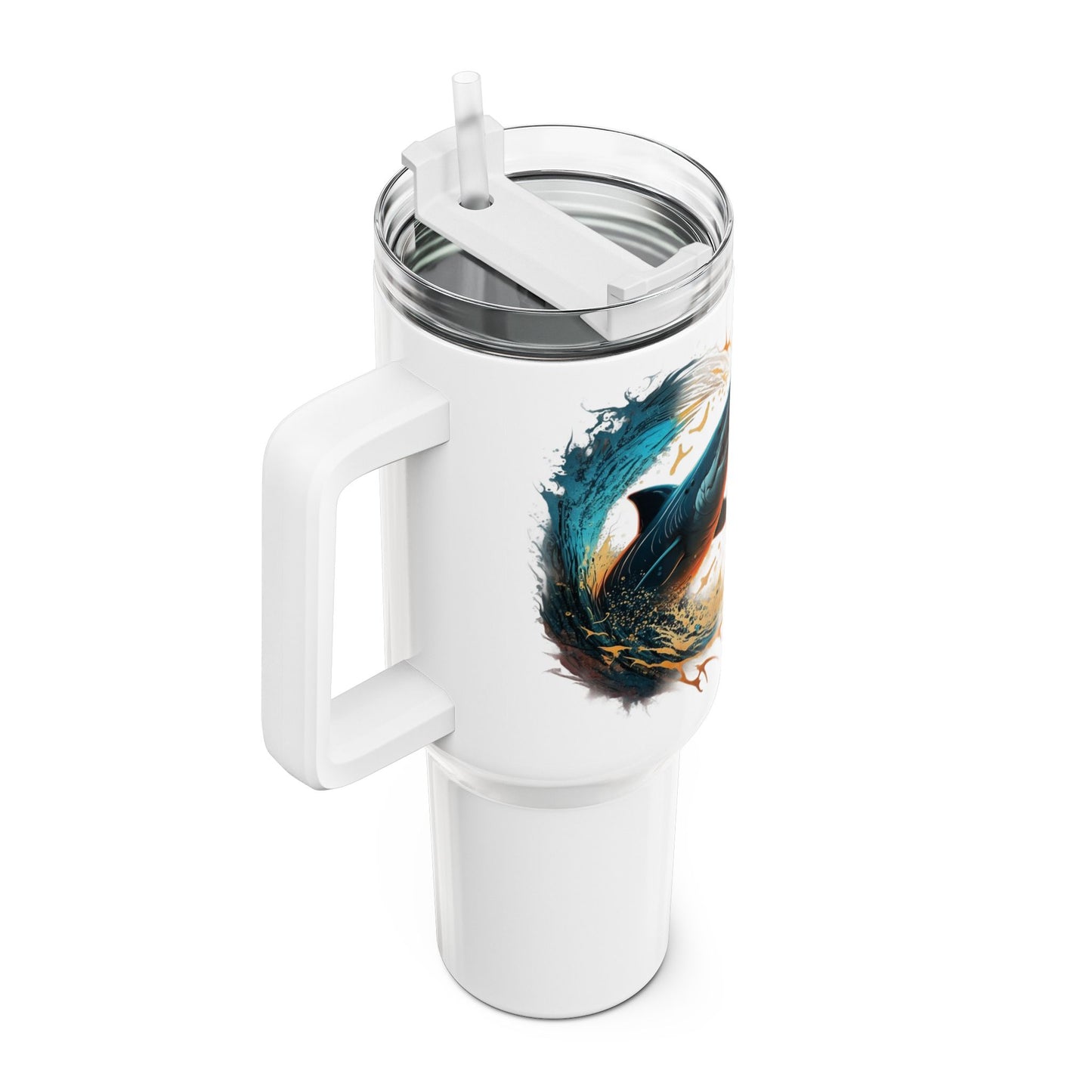 Tumbler-Becher, Edelstahl, Thermobecher, 1182 ml in weiß, Motiv: Hai-Splash