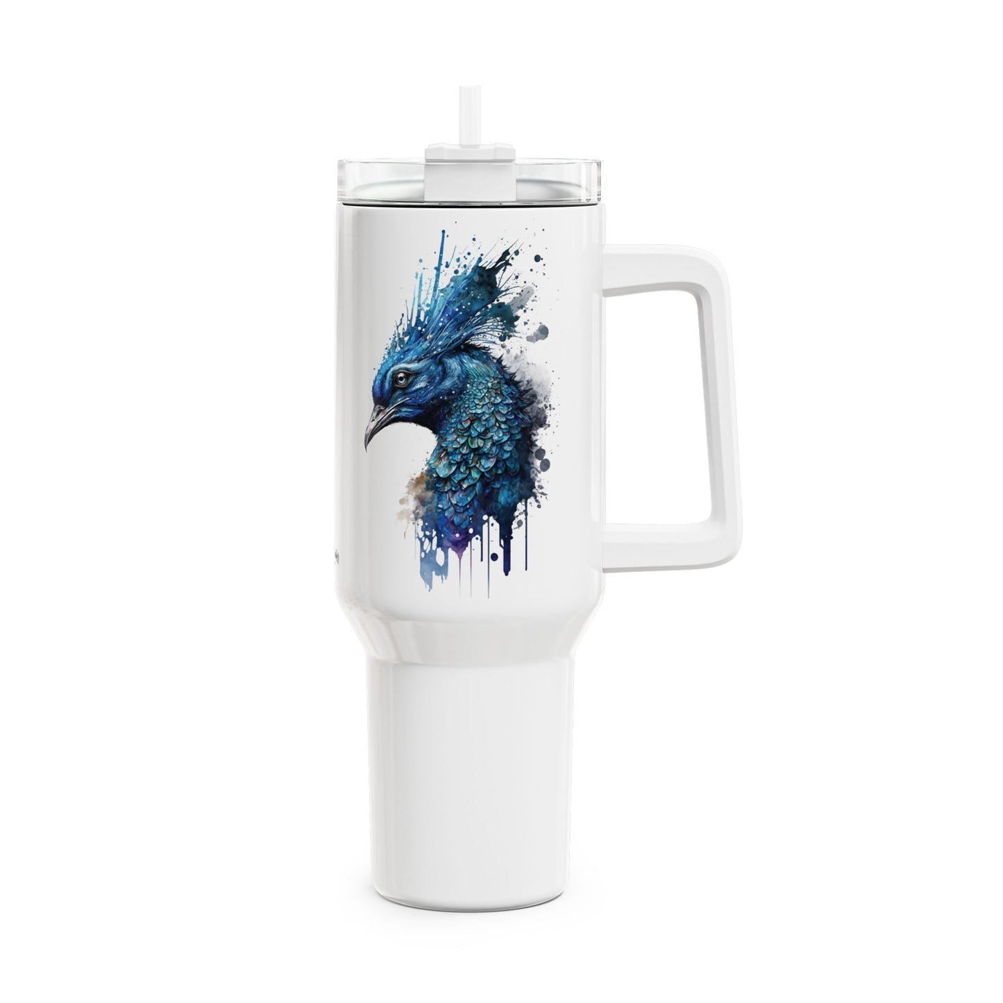 Tumbler-Becher, Edelstahl, Thermobecher, 1182 ml in weiß, Motiv: Blauer Pfau-Watercolor