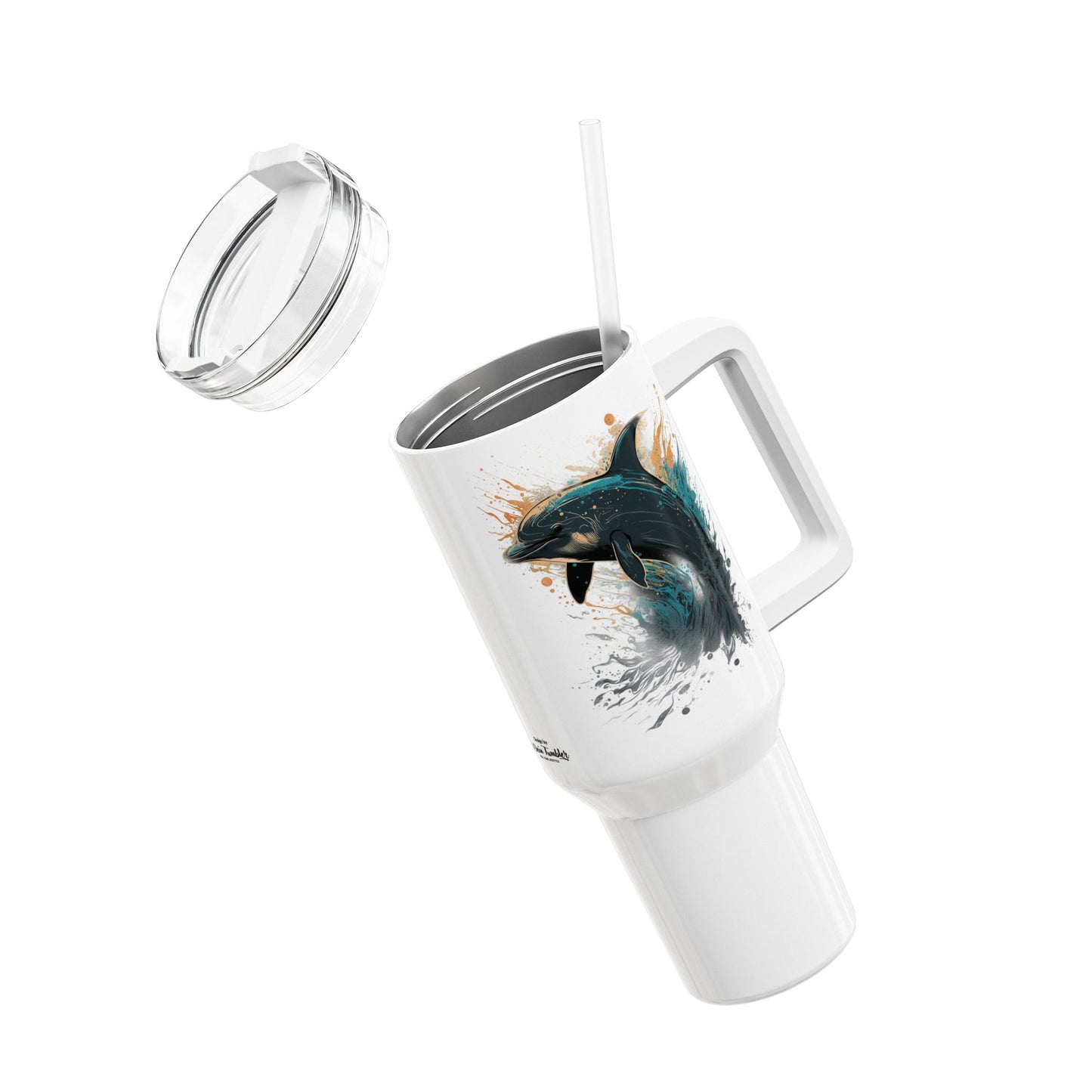 Tumbler-Becher, Edelstahl, Thermobecher, 1182 ml in weiß, Motiv: Delfin-Splash