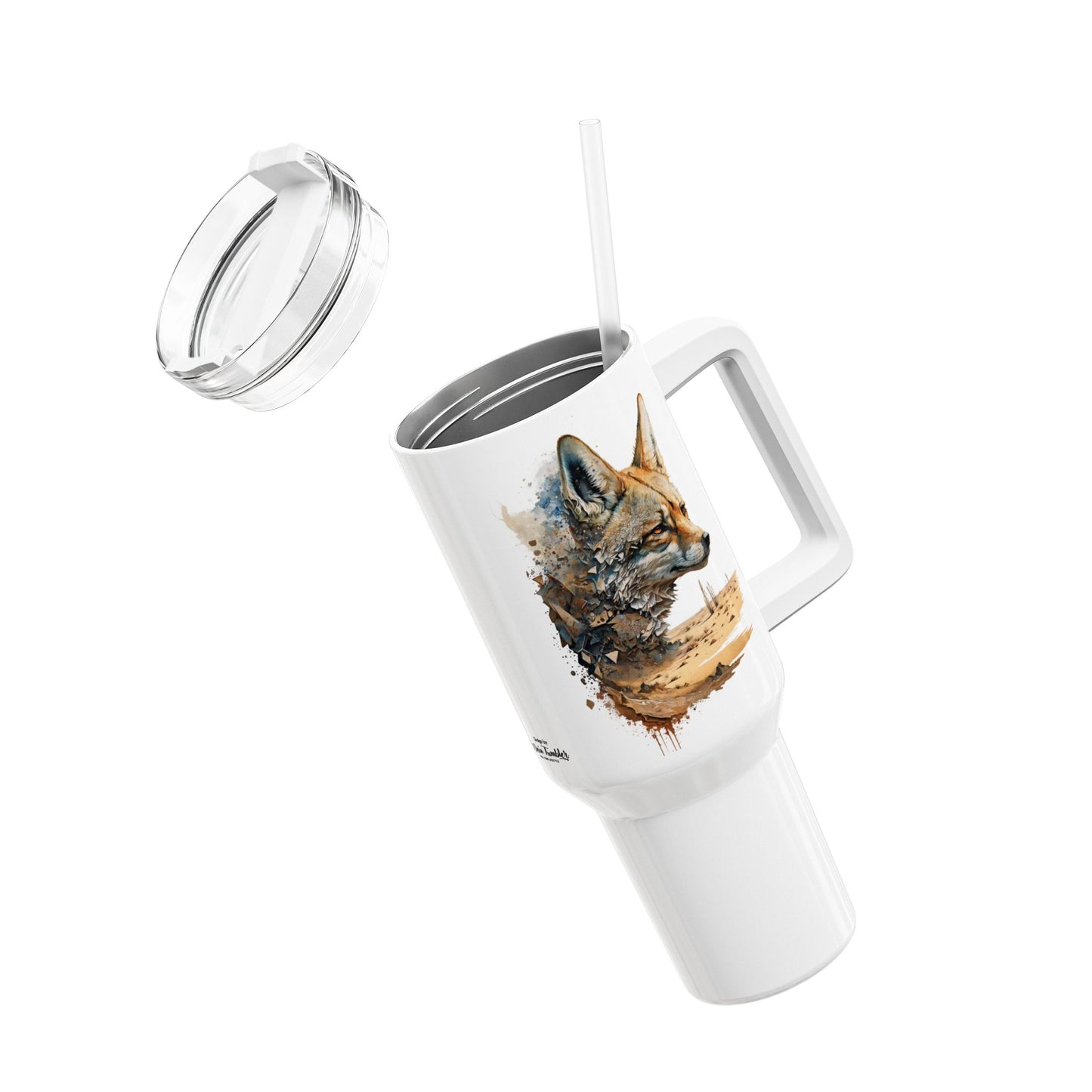 Tumbler-Becher, Edelstahl, Thermobecher, 1182 ml in weiß, Motiv: Wüstenfuchs-Watercolor