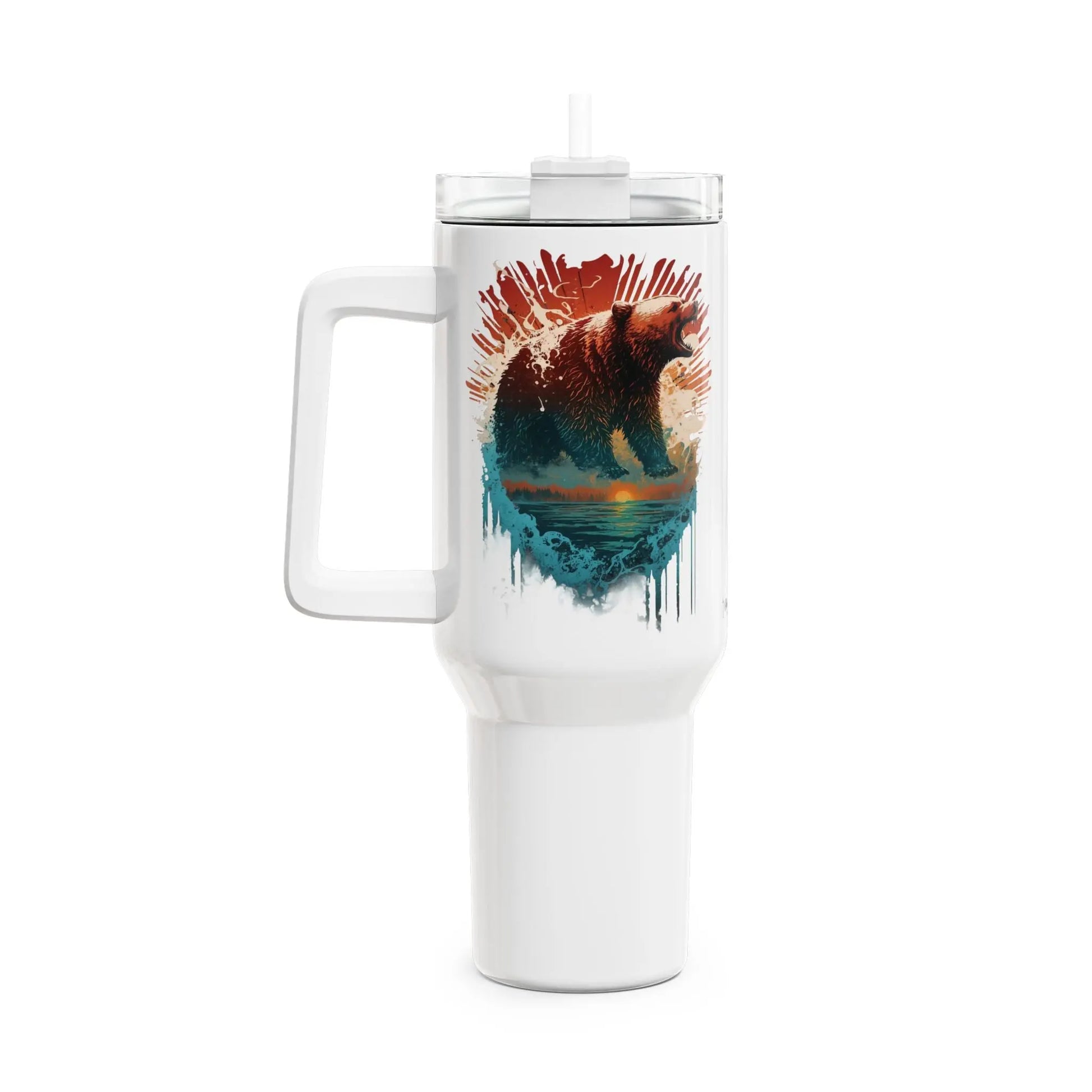 Tumbler-Becher, Edelstahl, Thermobecher, 1182 ml in weiß, Motiv: Bär-Splash Printify