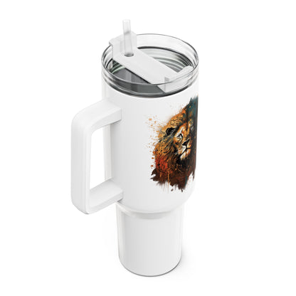 Tumbler-Becher, Edelstahl, Thermobecher, 1182 ml in weiß, Motiv: Löwe-Splash