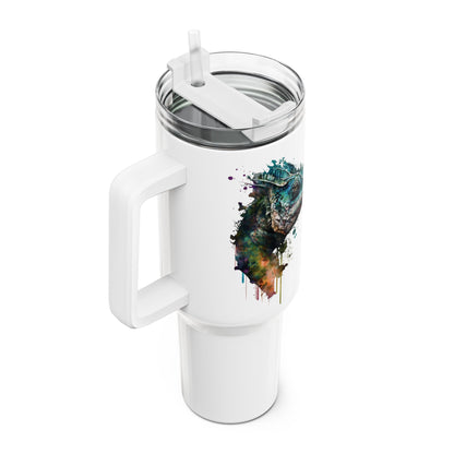 Tumbler-Becher, Edelstahl, Thermobecher, 1182 ml in weiß, Motiv: Pantherchamäleon-Watercolor