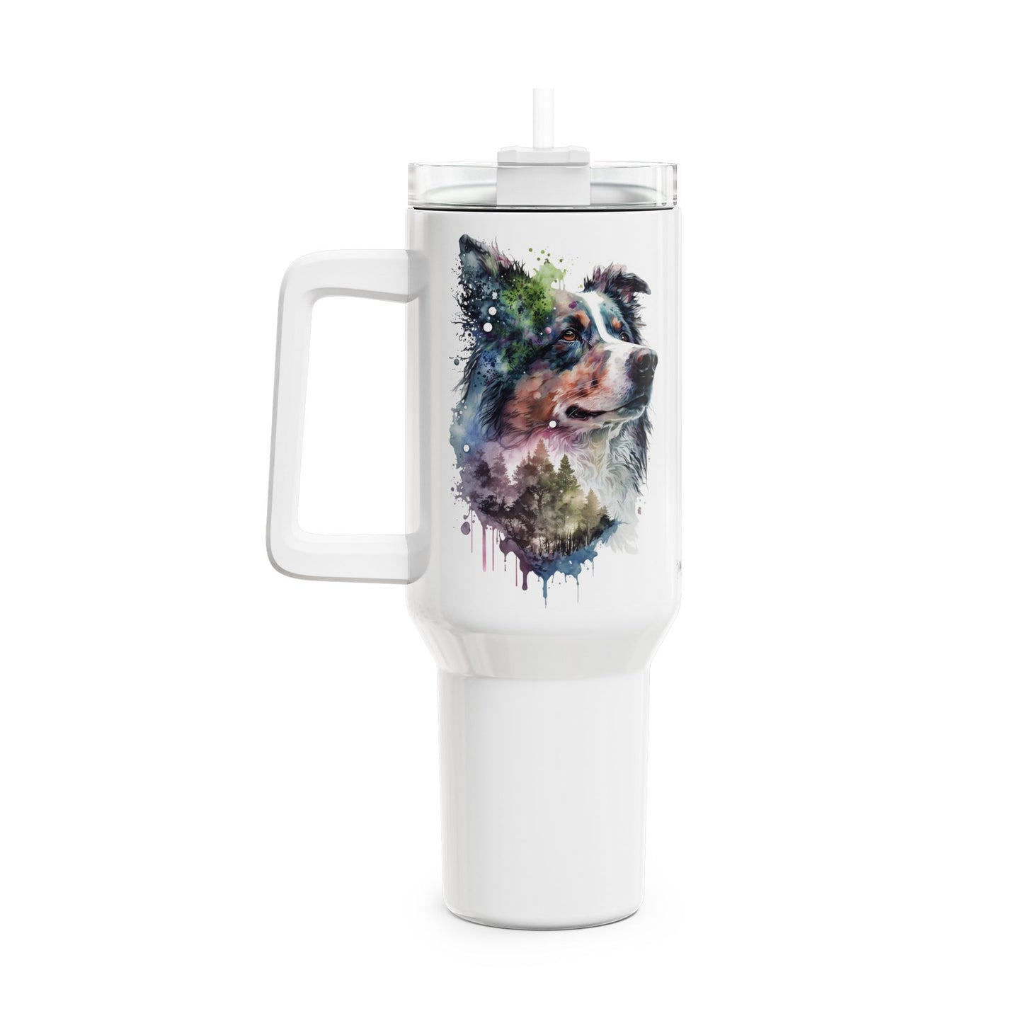 Tumbler-Becher, Edelstahl, Thermobecher, 1182 ml in weiß, Motiv: Australian Shephard-Watercolor