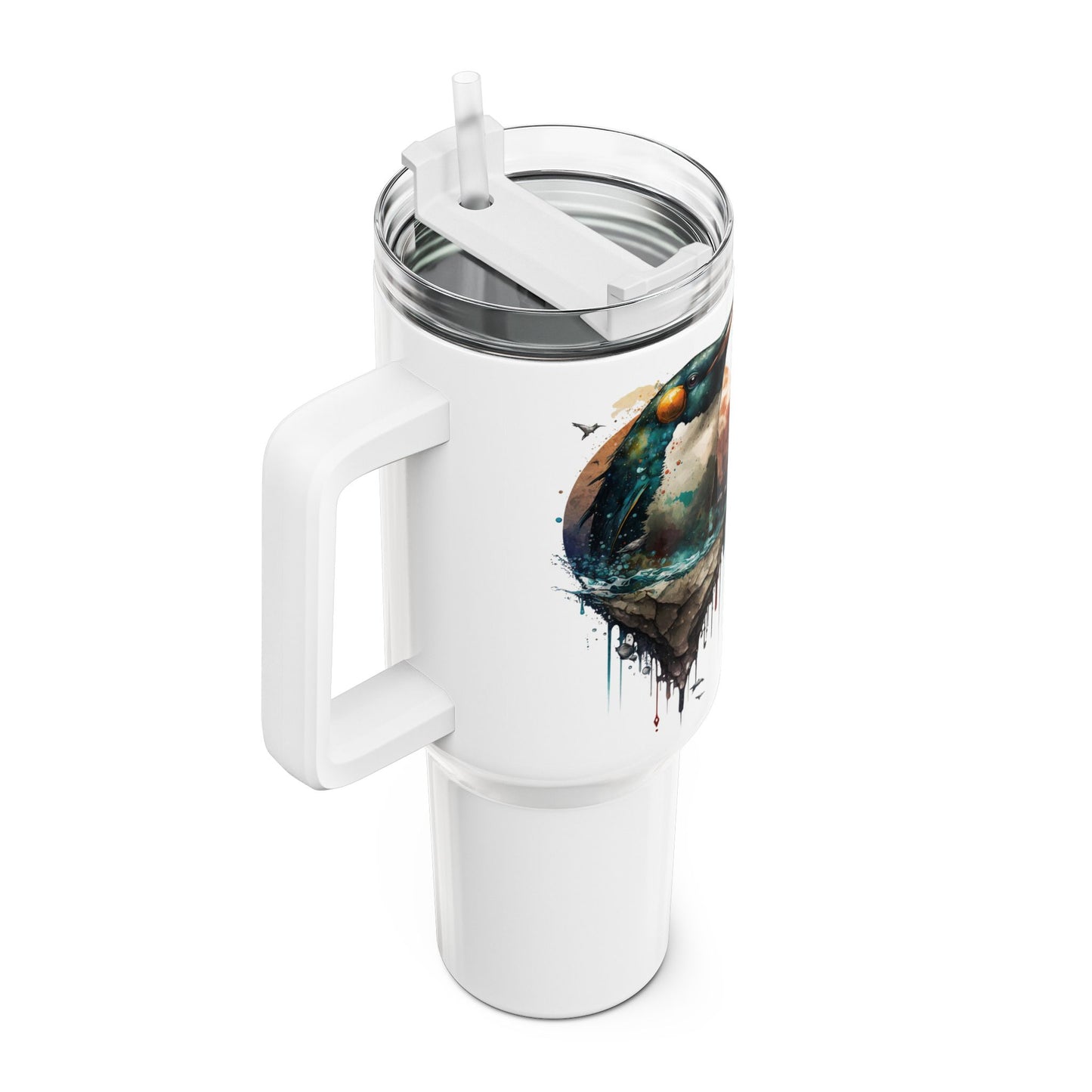 Tumbler-Becher, Edelstahl, Thermobecher, 1182 ml in weiß, Motiv: Pinguin-Watercolor