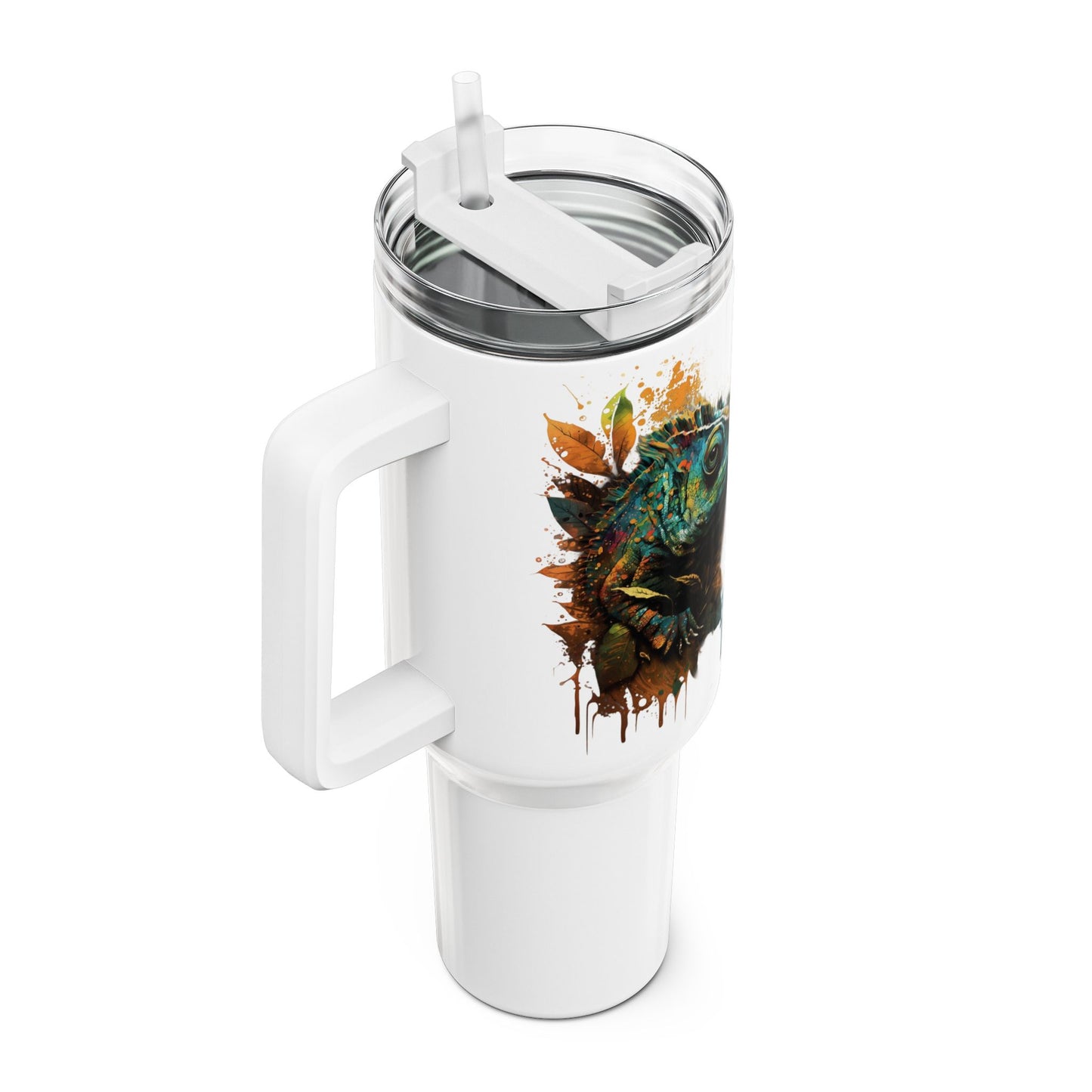 Tumbler-Becher, Edelstahl, Thermobecher, 1182 ml in weiß, Motiv: Chamäleon-Splash