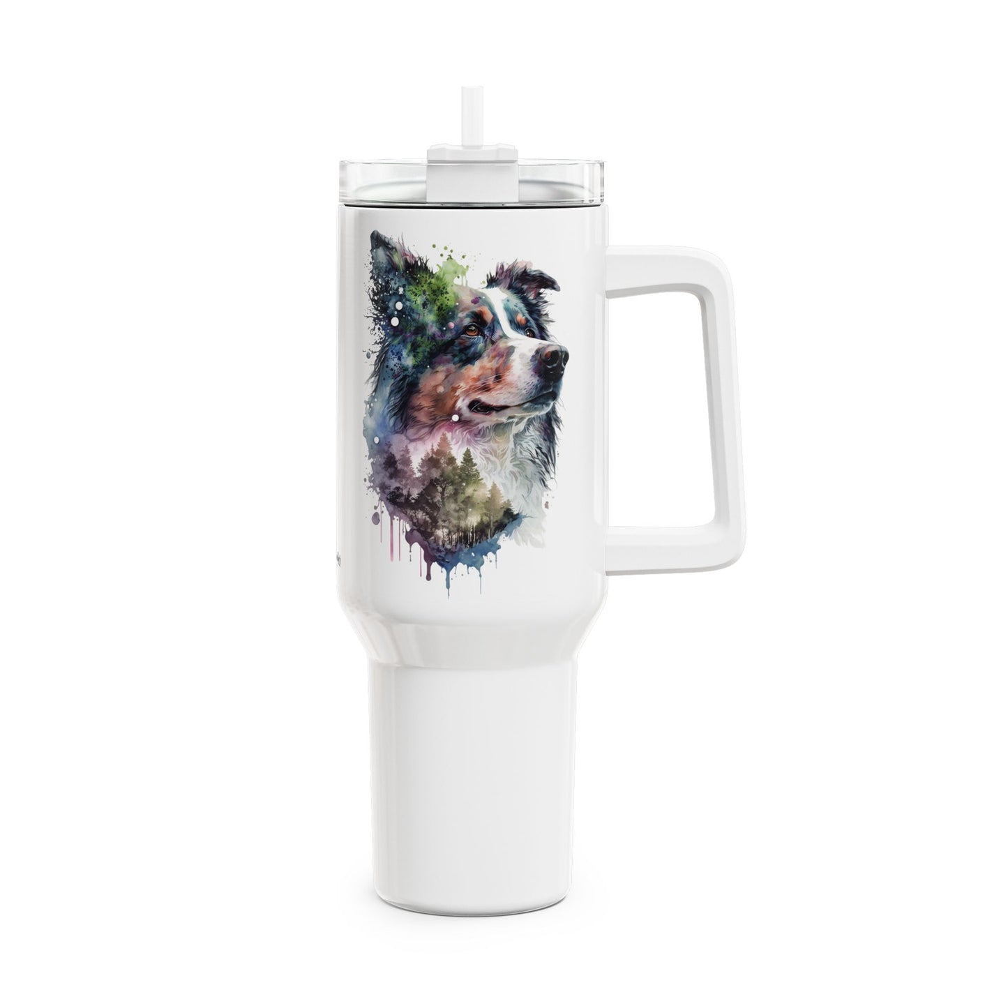 Tumbler-Becher, Edelstahl, Thermobecher, 1182 ml in weiß, Motiv: Australian Shephard-Watercolor