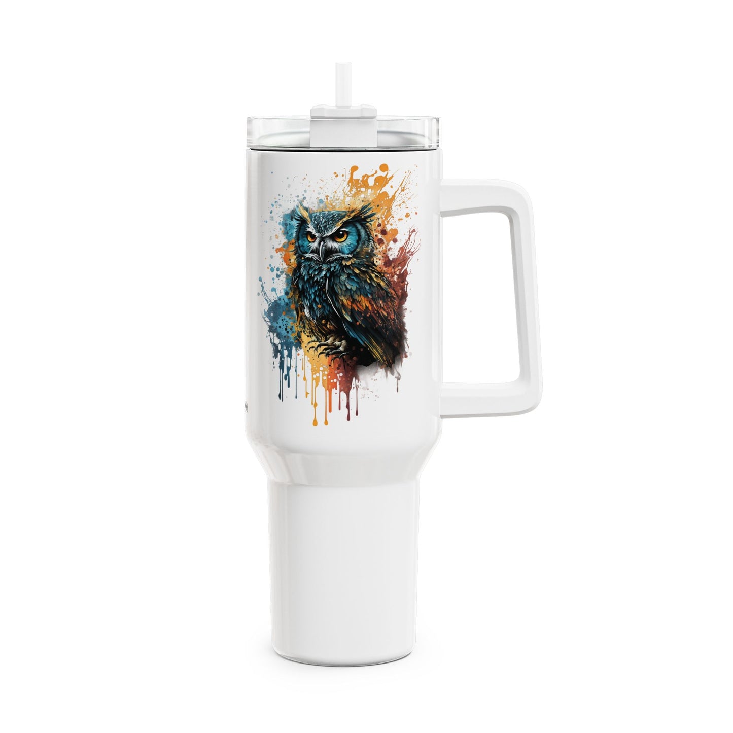 Tumbler-Becher, Edelstahl, Thermobecher, 1182 ml in weiß, Motiv: Eule-Splash
