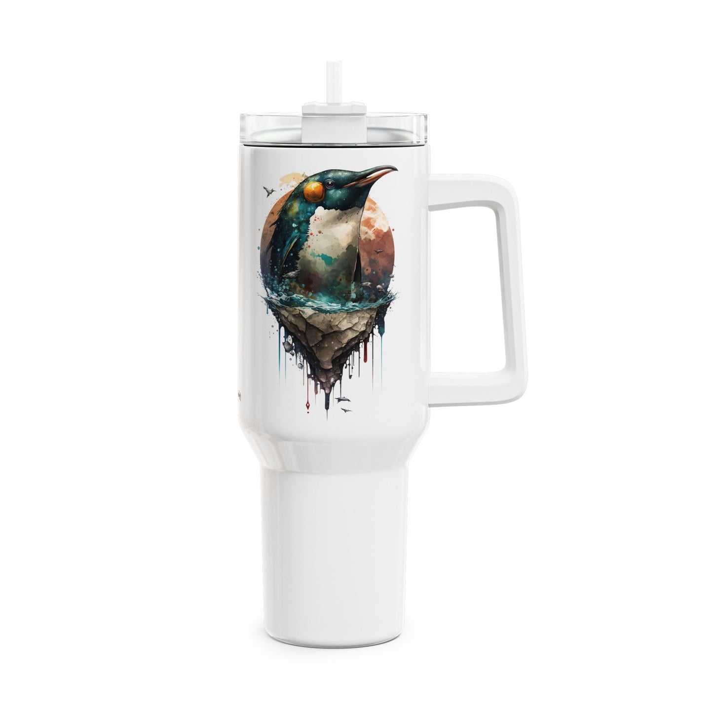 Tumbler-Becher, Edelstahl, Thermobecher, 1182 ml in weiß, Motiv: Pinguin-Watercolor