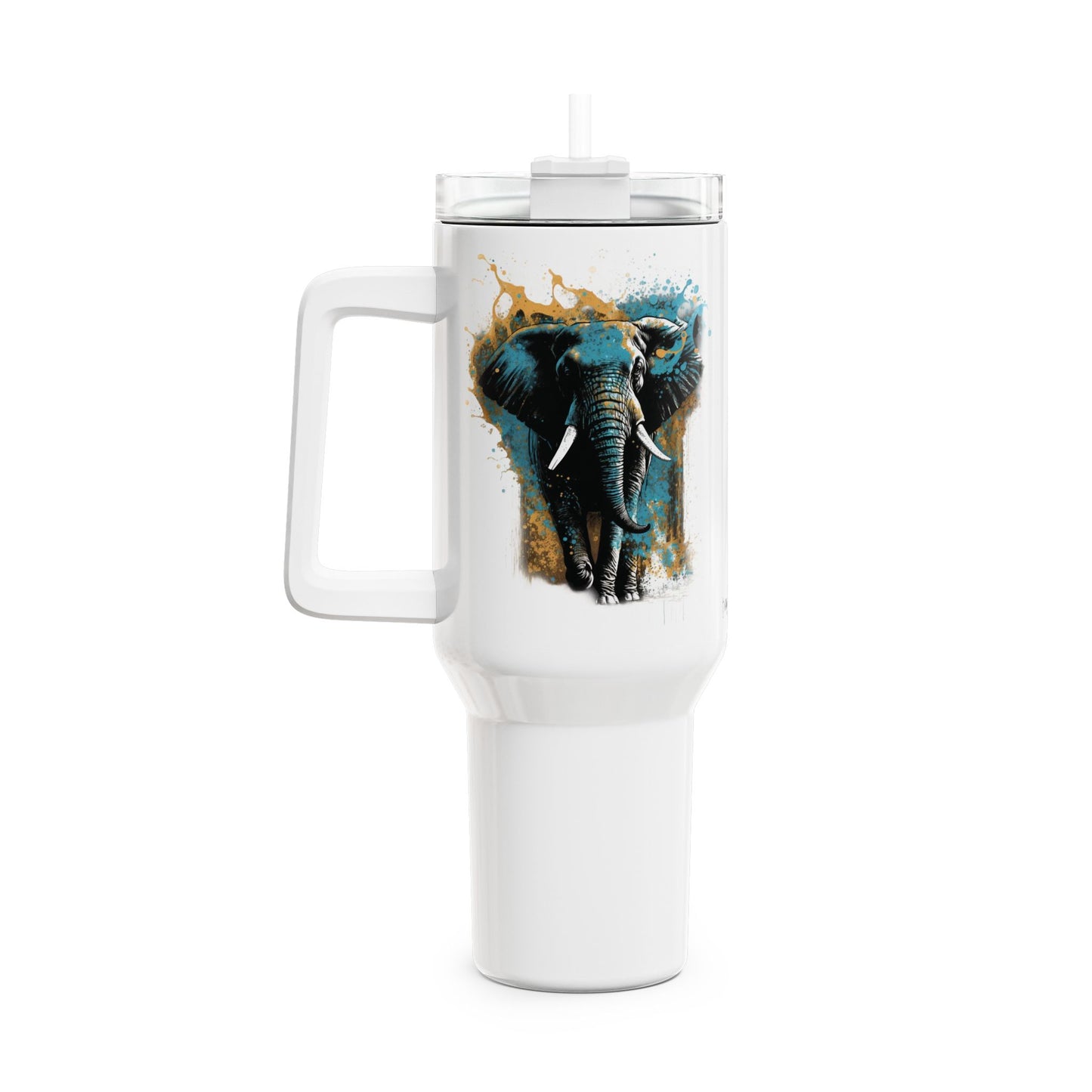 Tumbler-Becher, Edelstahl, Thermobecher, 1182 ml in weiß, Motiv: Elefant-Splash