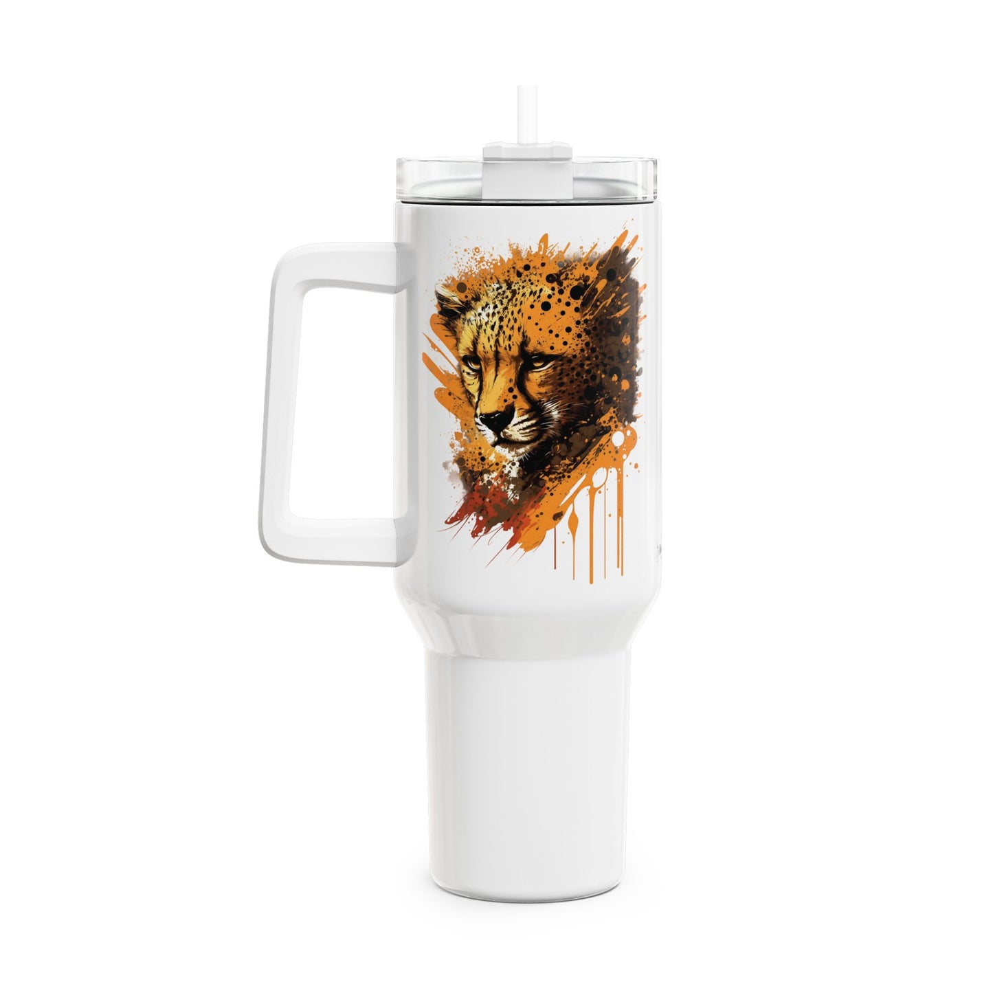 Tumbler-Becher, Edelstahl, Thermobecher, 1182 ml in weiß, Motiv: Gepard-Splash