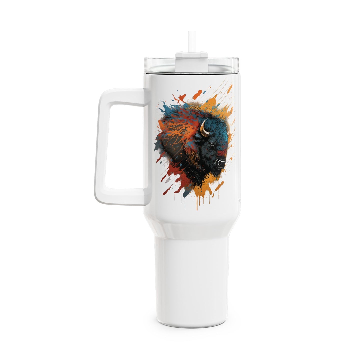 Tumbler-Becher, Edelstahl, Thermobecher, 1182 ml in weiß, Motiv: Bison-Splash