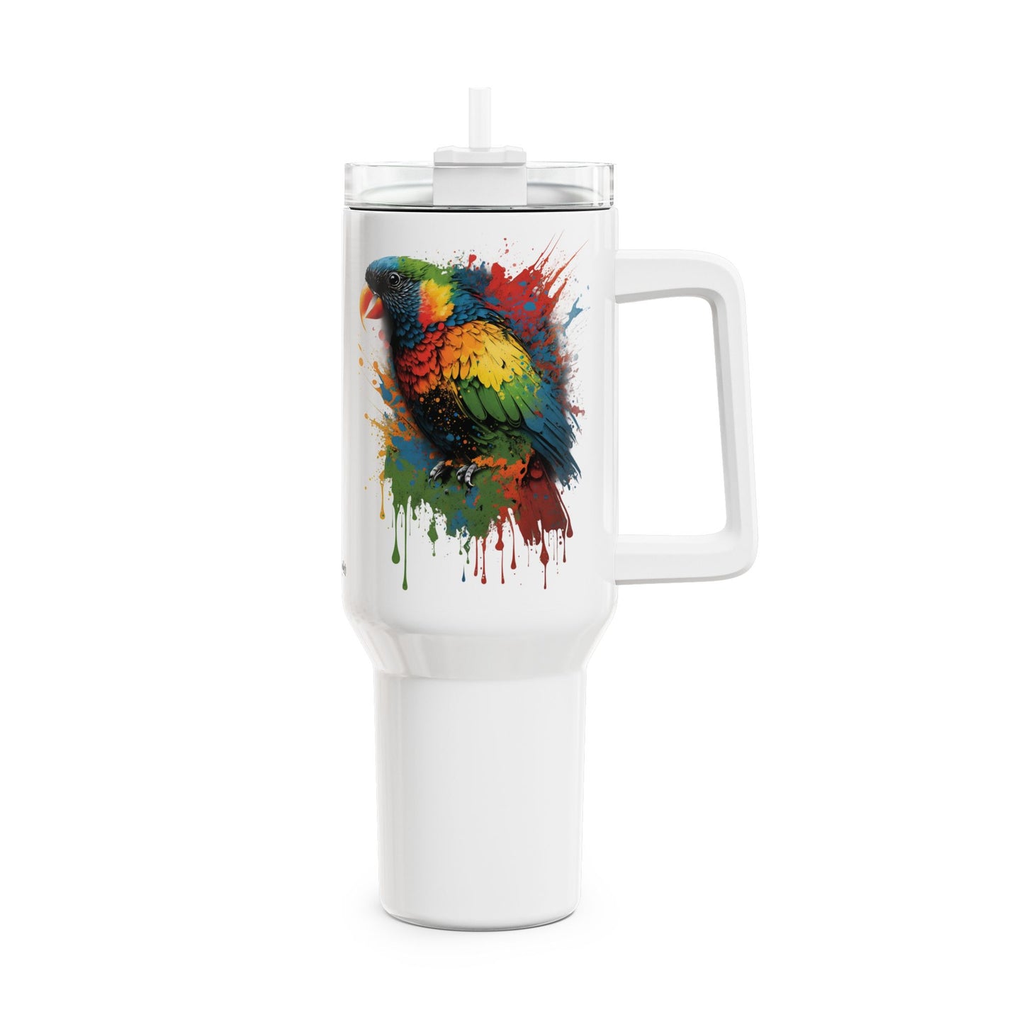 Tumbler-Becher, Edelstahl, Thermobecher, 1182 ml in weiß, Motiv: Regenbogenvogel-Splash