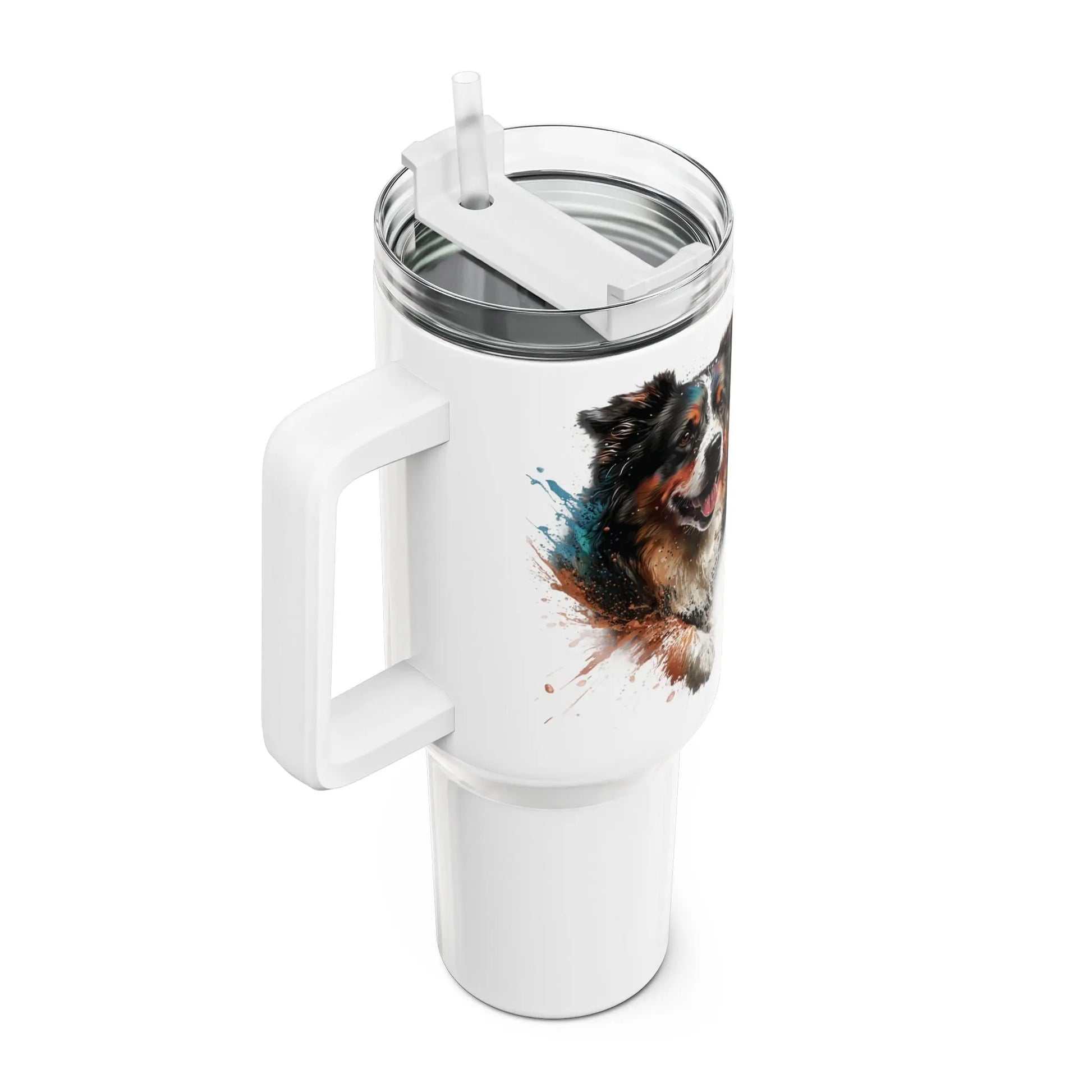 Tumbler-Becher, Edelstahl, Thermobecher, 1182 ml in weiß, Motiv: Australian Shephard-Splash Printify