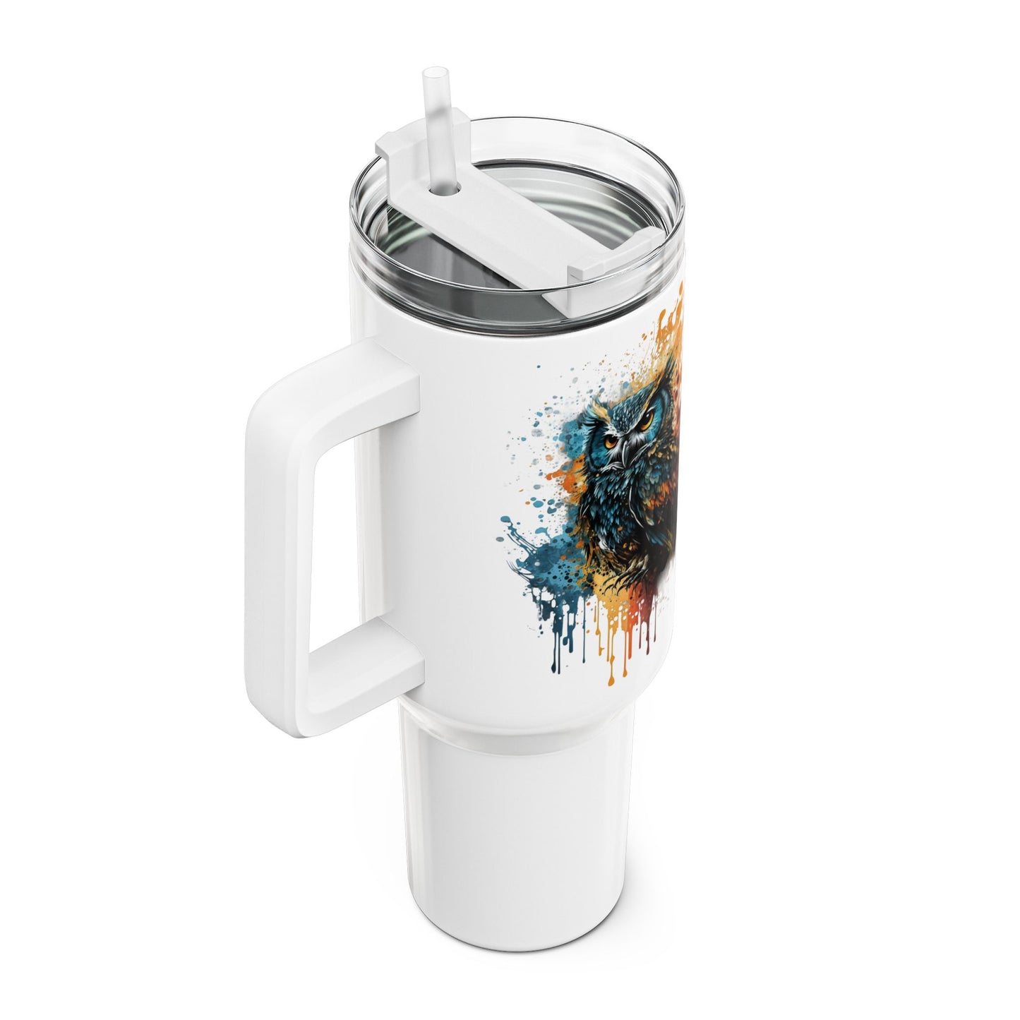 Tumbler-Becher, Edelstahl, Thermobecher, 1182 ml in weiß, Motiv: Eule-Splash