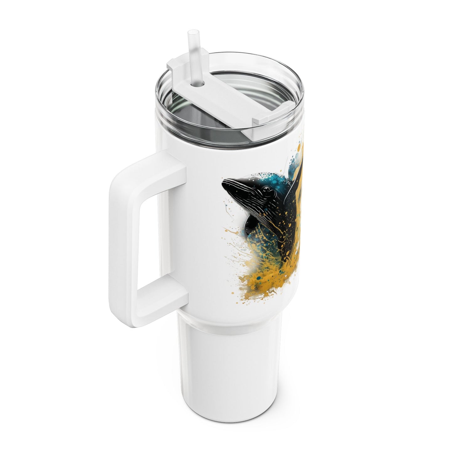 Tumbler-Becher, Edelstahl, Thermobecher, 1182 ml in weiß, Motiv: Wal-Splash