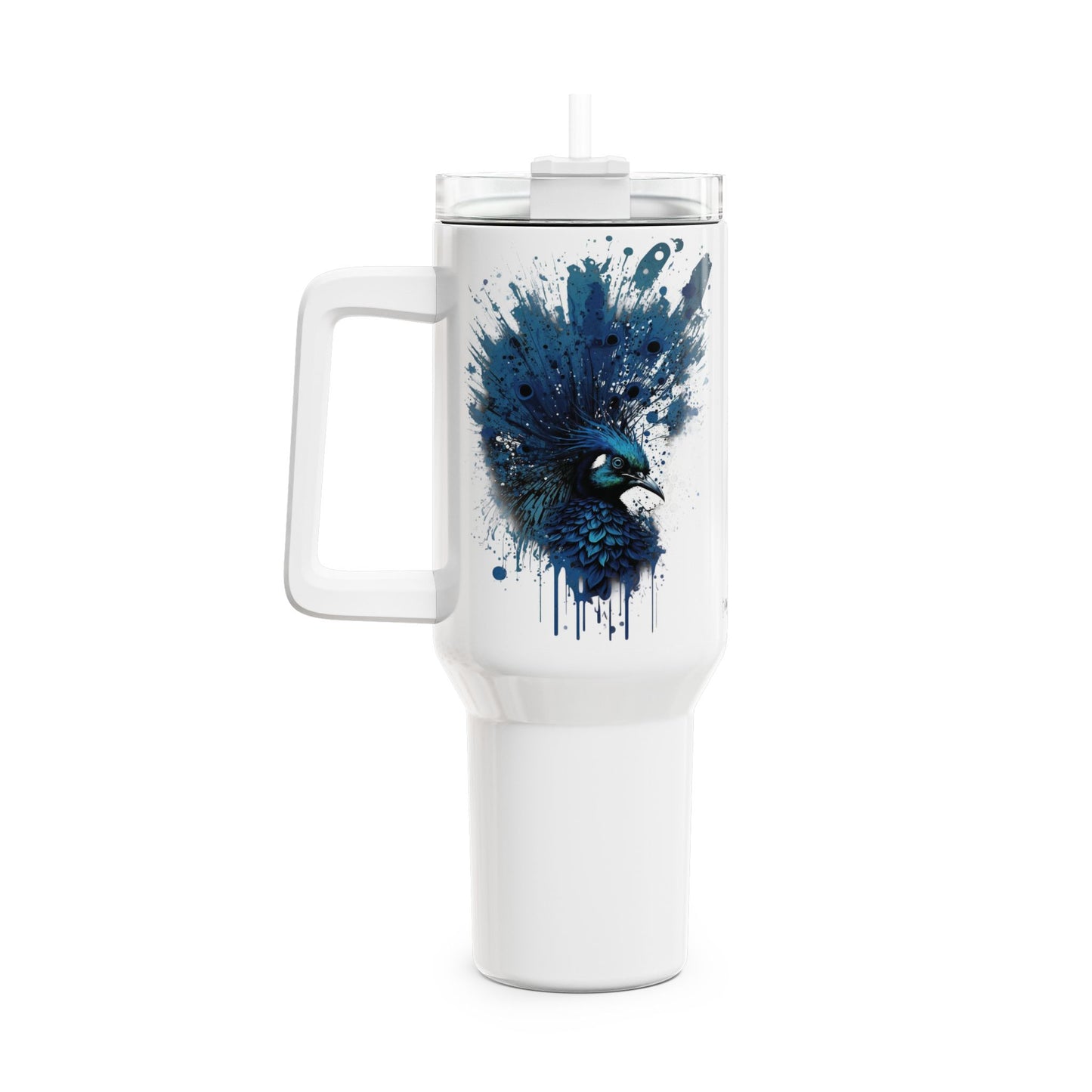 Tumbler-Becher, Edelstahl, Thermobecher, 1182 ml in weiß, Motiv: Blauer Pfau-Splash