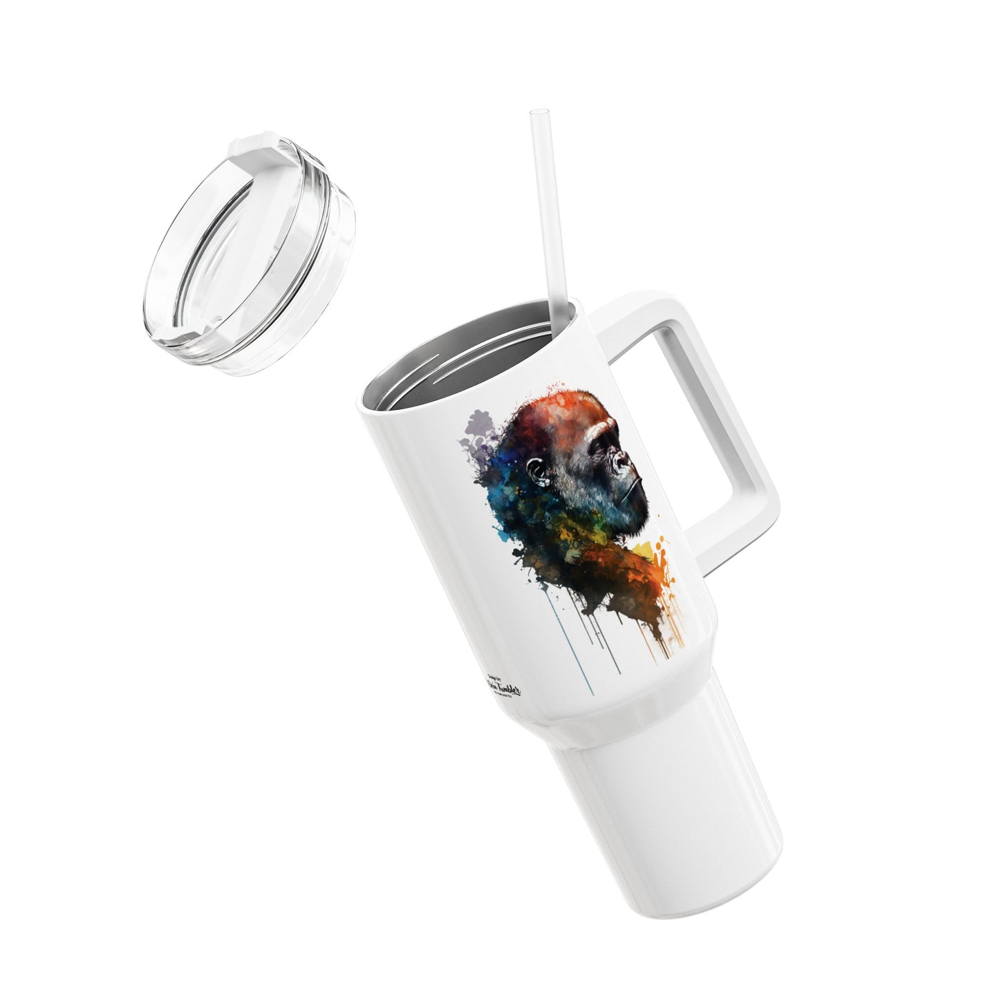 Tumbler-Becher, Edelstahl, Thermobecher, 1182 ml in weiß, Motiv: Gorilla-Watercolor