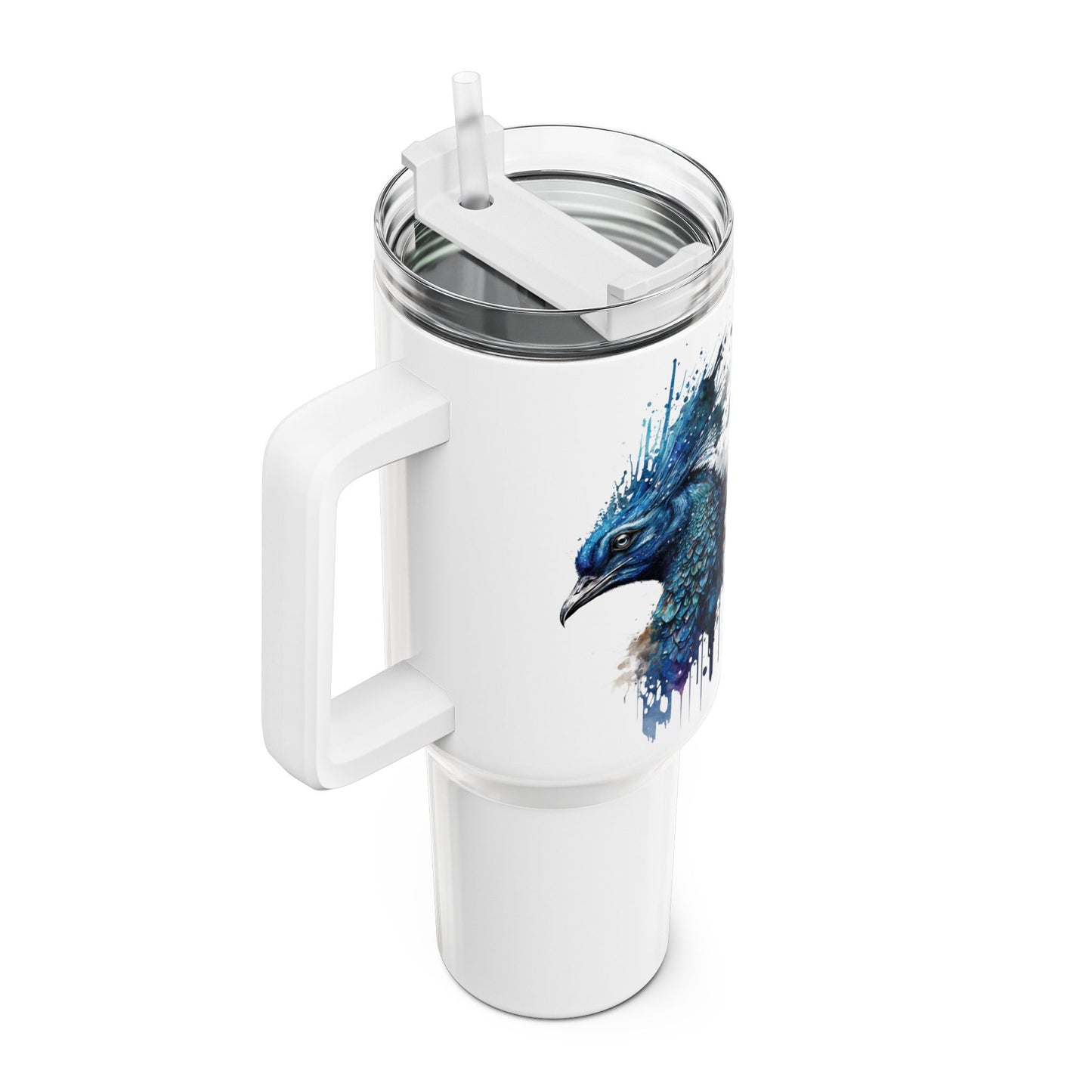 Tumbler-Becher, Edelstahl, Thermobecher, 1182 ml in weiß, Motiv: Blauer Pfau-Watercolor