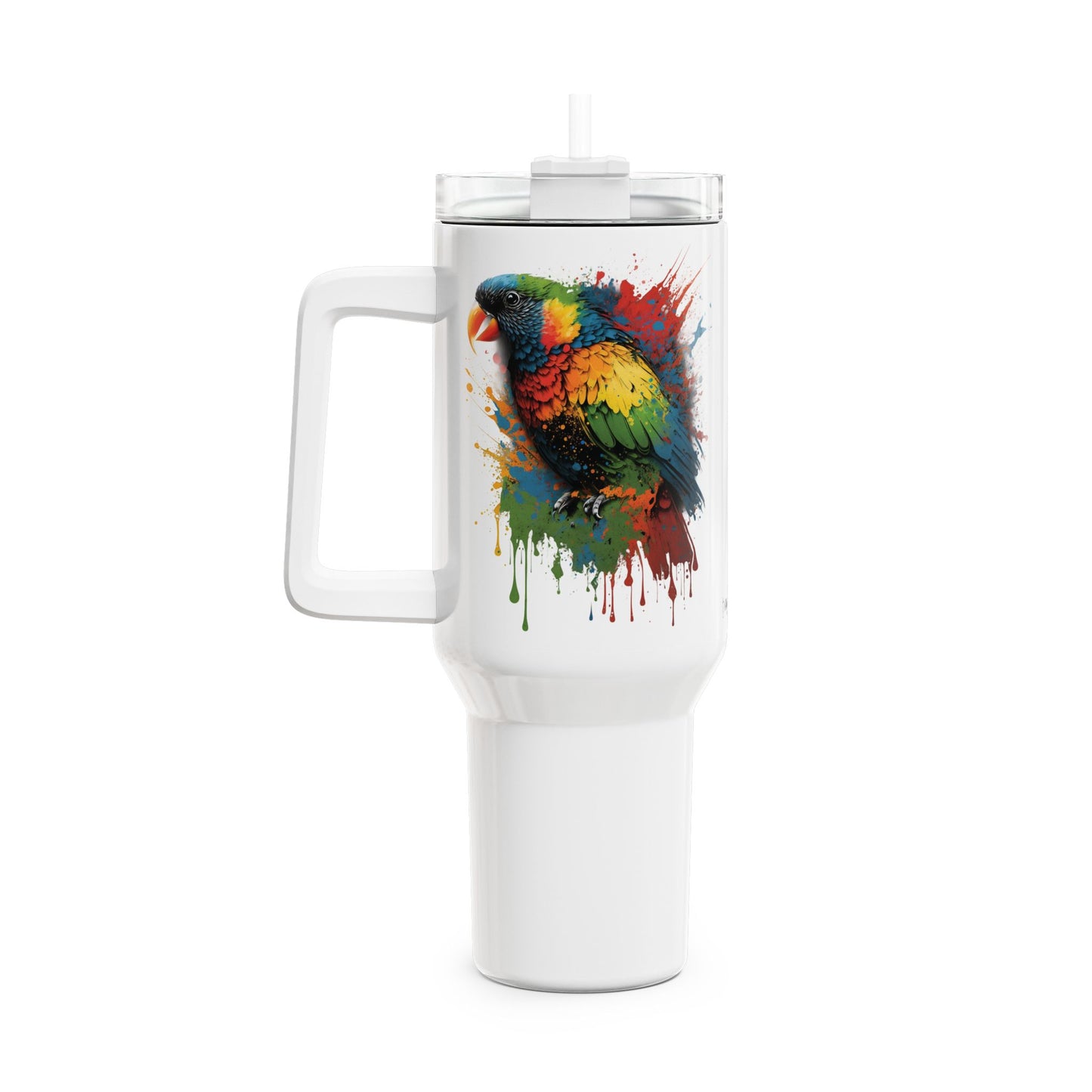 Tumbler-Becher, Edelstahl, Thermobecher, 1182 ml in weiß, Motiv: Regenbogenvogel-Splash