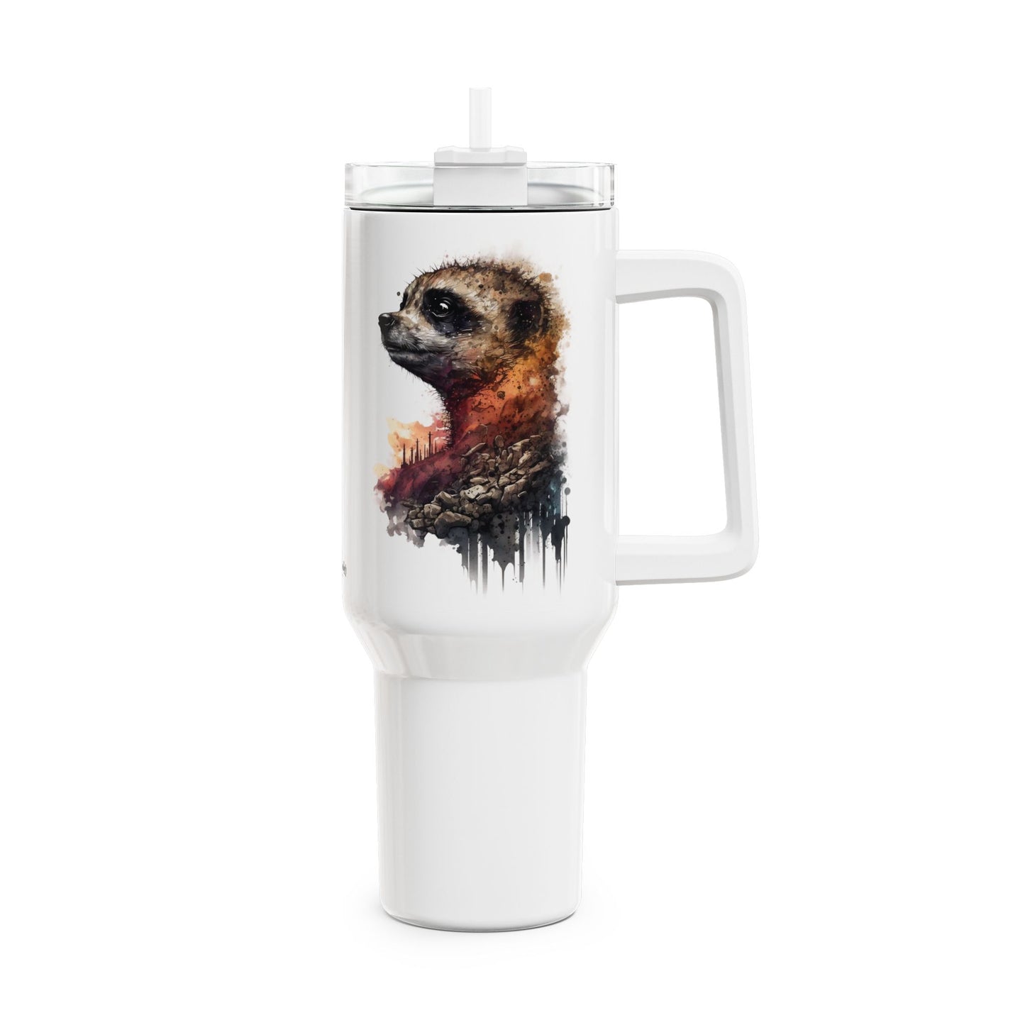 Tumbler-Becher, Edelstahl, Thermobecher, 1182 ml in weiß, Motiv: Erdmännchen-Watercolor