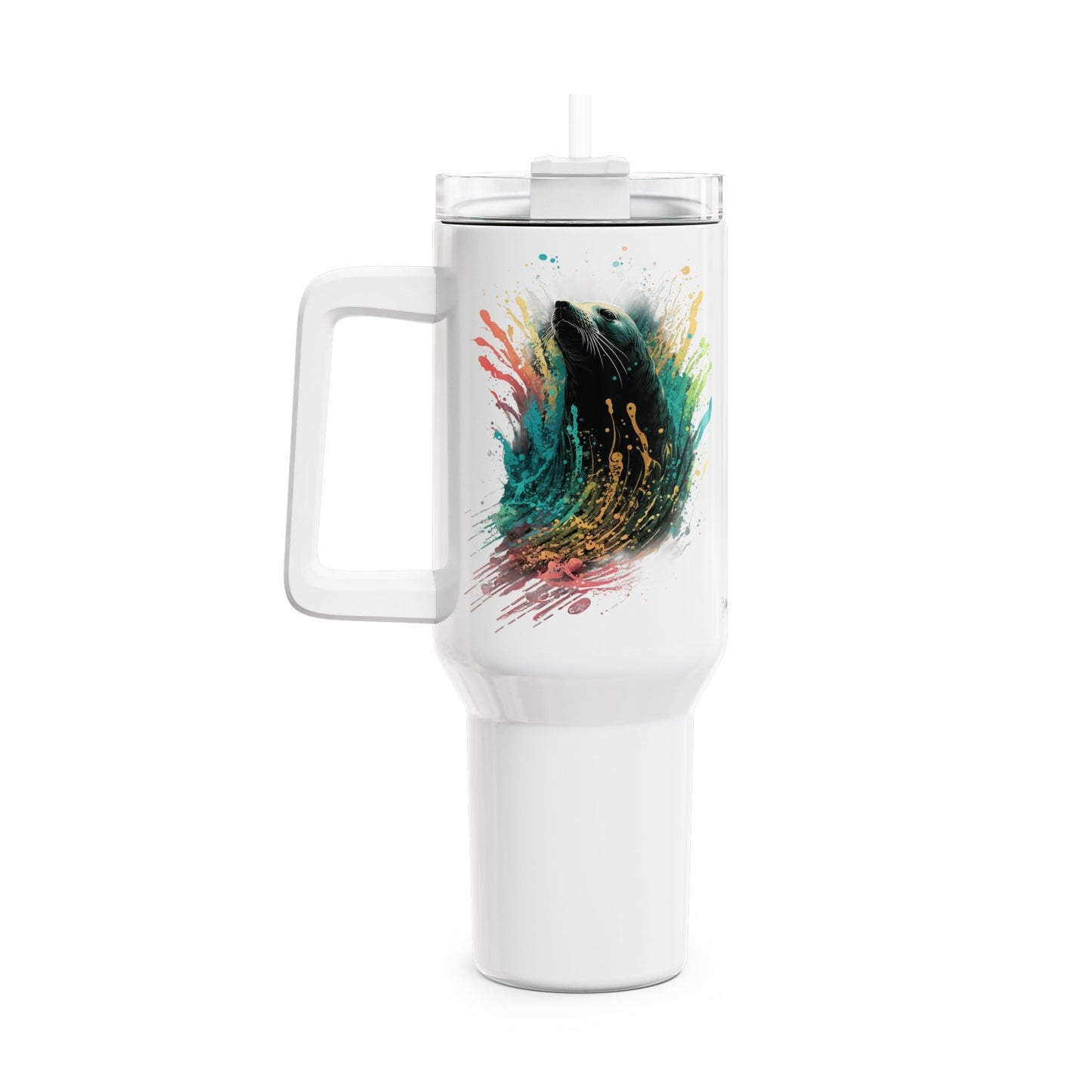 Tumbler-Becher, Edelstahl, Thermobecher, 1182 ml in weiß, Motiv: Seehund-Splash