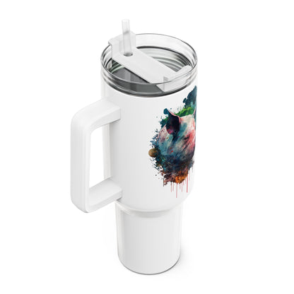 Tumbler-Becher, Edelstahl, Thermobecher, 1182 ml in weiß, Motiv: Schwein-Watercolor