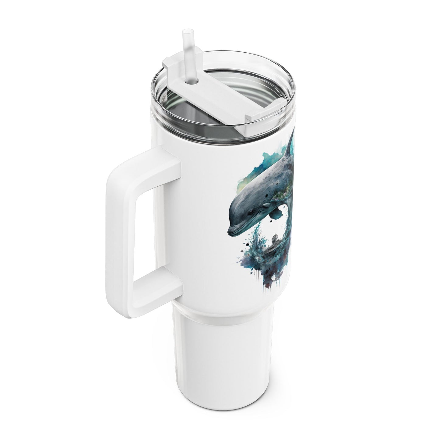Tumbler-Becher, Edelstahl, Thermobecher, 1182 ml in weiß, Motiv: Delfin-Watercolor