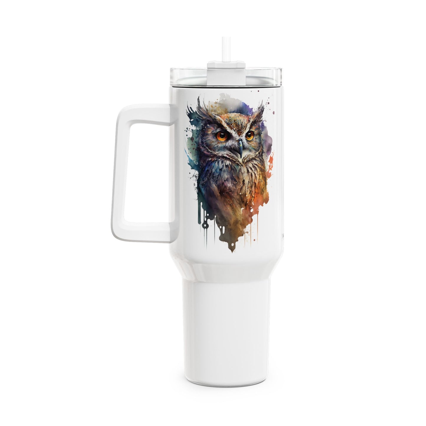 Tumbler-Becher, Edelstahl, Thermobecher, 1182 ml in weiß, Motiv: Eule-Watercolor