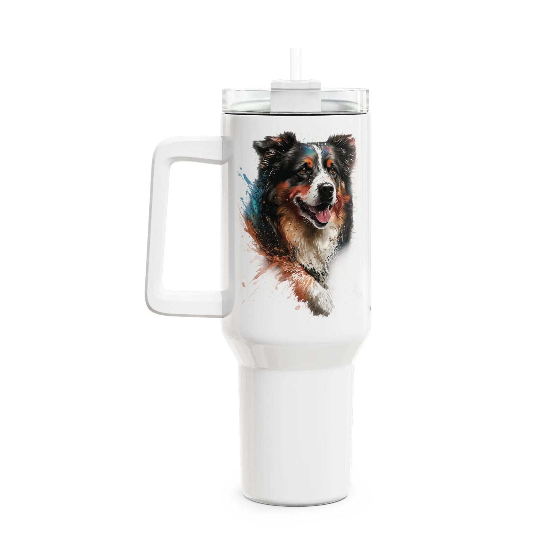 Tumbler-Becher, Edelstahl, Thermobecher, 1182 ml in weiß, Motiv: Australian Shephard-Splash Printify