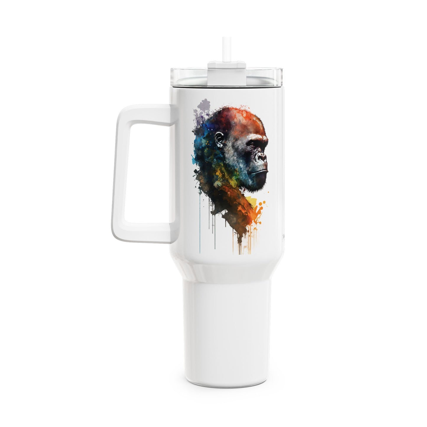 Tumbler-Becher, Edelstahl, Thermobecher, 1182 ml in weiß, Motiv: Gorilla-Watercolor