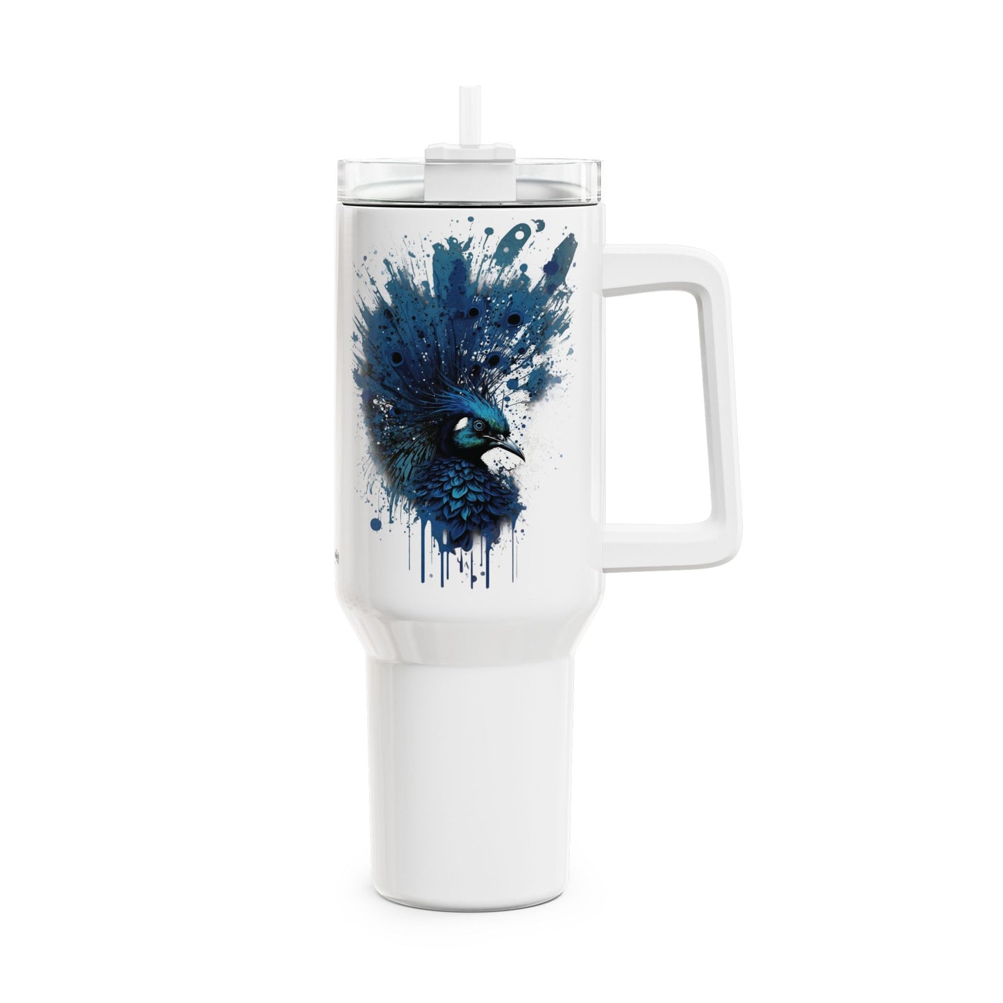 Tumbler-Becher, Edelstahl, Thermobecher, 1182 ml in weiß, Motiv: Blauer Pfau-Splash