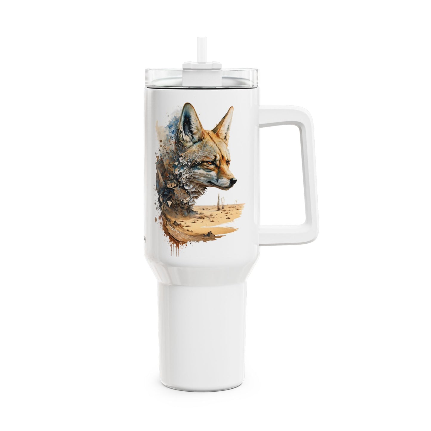 Tumbler-Becher, Edelstahl, Thermobecher, 1182 ml in weiß, Motiv: Wüstenfuchs-Watercolor