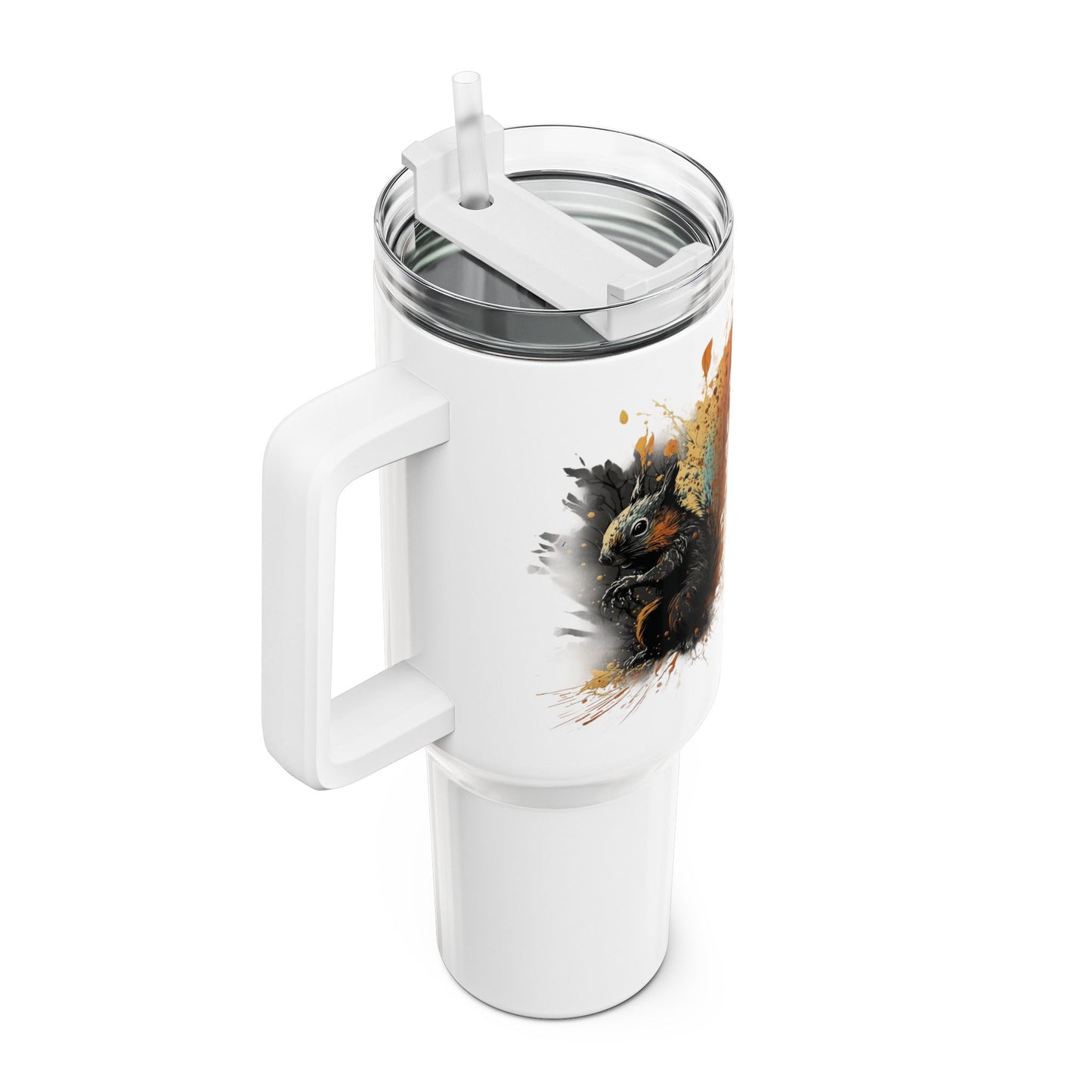 Tumbler-Becher, Edelstahl, Thermobecher, 1182 ml in weiß, Motiv: Eichhörnchen-Splash