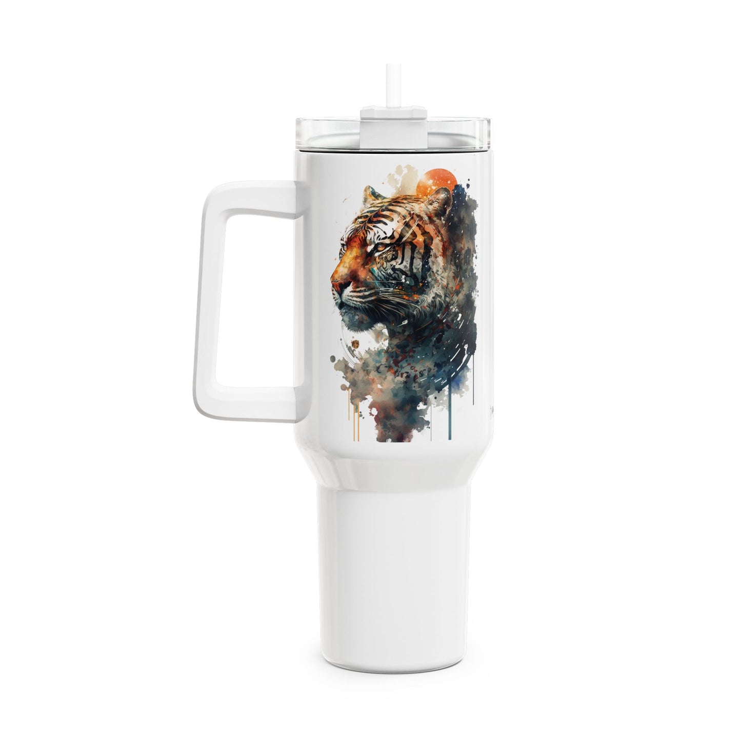 Tumbler-Becher, Edelstahl, Thermobecher, 1182 ml in weiß, Motiv: Tiger-Watercolor